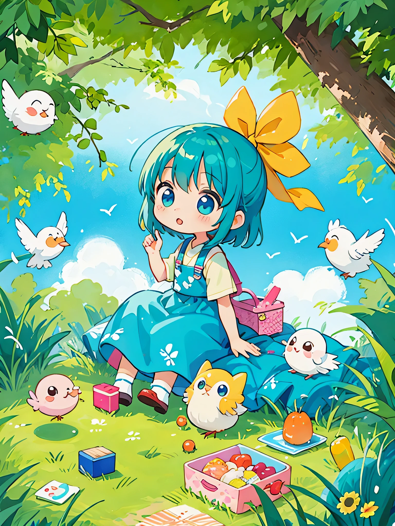 Fujio Akatsuka Style, Kawaii Design, most beautiful girl ever、Chibi, birdie、picnic