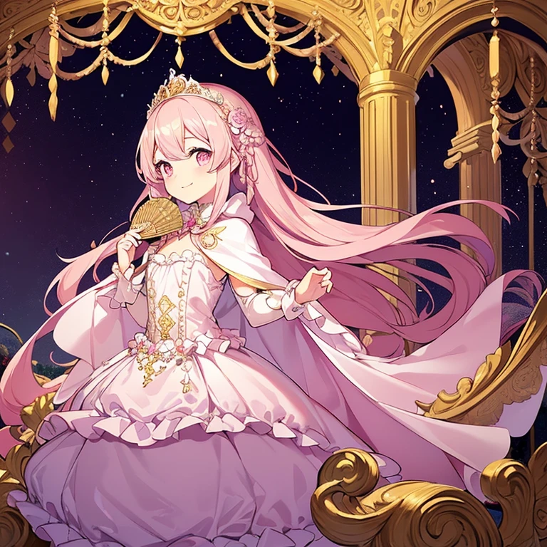 (kawaii),(best quality),(ultra detailed),(rococo style),(long train pastel pink cape:1.15), very long cape,(long train white ball gown with flower decorations:1.1), a girl is wearing a cape over her gown,(she has a western style fan:1.05), 1 little princess, tiara, smile, very long hair, small , beautiful detailed eyes, beautiful detailed lips