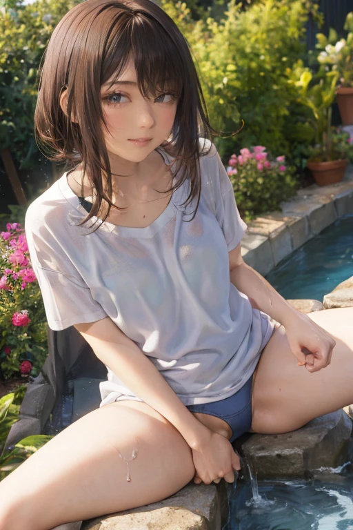 (anime background), woman, small breasts, open chest, show off panties, ((Clothing that emphasizes the shape of your chest)), (blush), (spread legs, raise your legs), open your mouth, (Detail You can see wet panties), (climb and straddle、Pressing her wet crotch against the ground), ((ecstasy face)), Last, ((masturbate)), downtown, garden, a place with a lot of people, null, droopy eyes, sleepy,Sweat