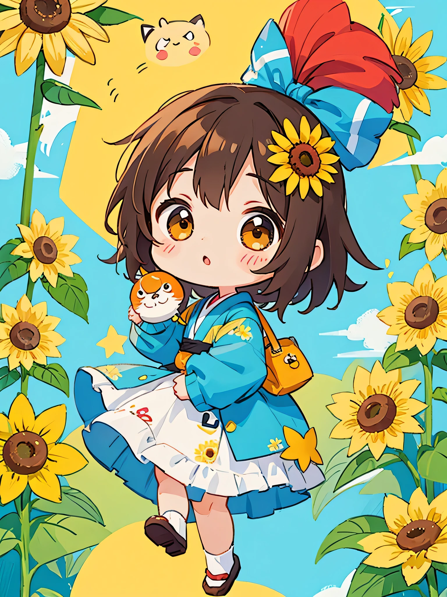 Machiko Satonaka style, Kawaii Design, most beautiful girl ever、Chibi, kind eyes、birdie、sunflower、sun