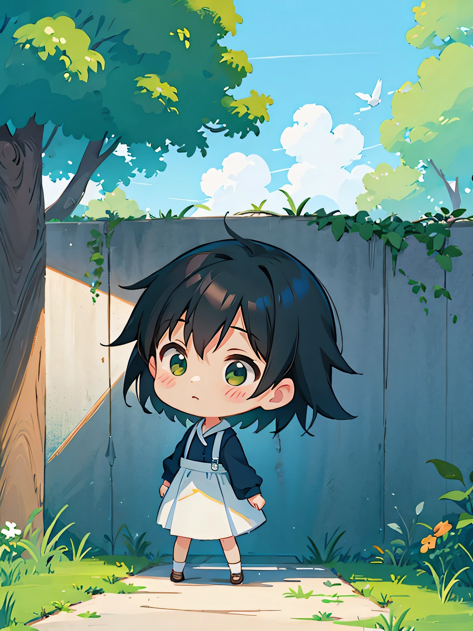Makoto Shinkai style, Kawaii Design, most beautiful girl ever、Chibi, birdie、High walls