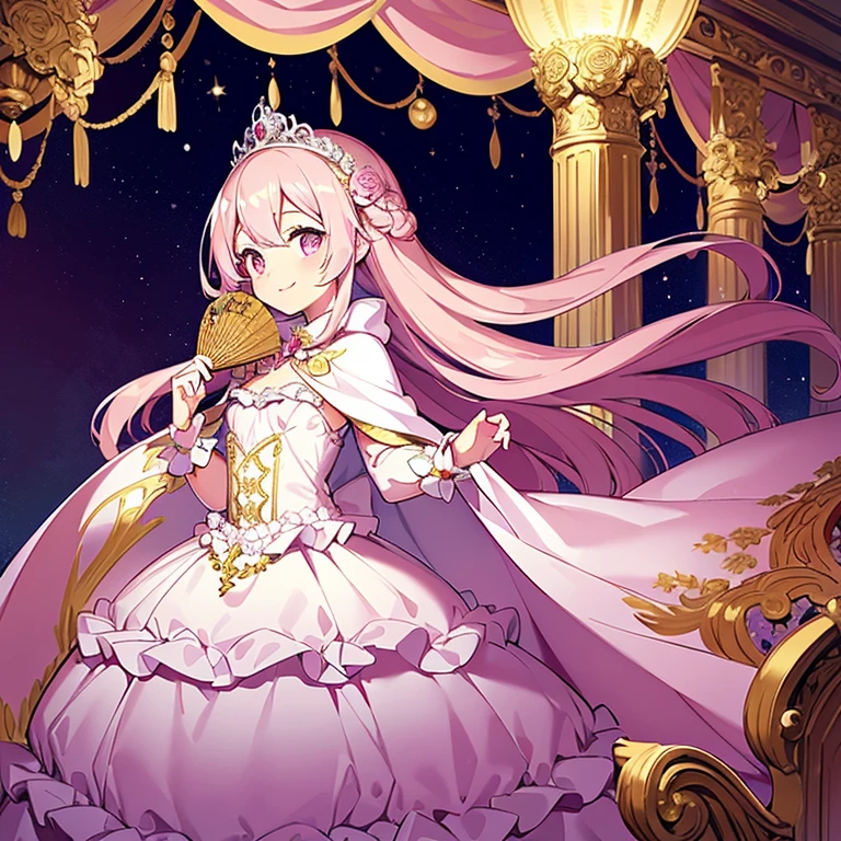 (kawaii),(best quality),(ultra detailed),(rococo style),(long train pastel pink cape:1.15), very long cape,(long train white ball gown with flower decorations:1.1), a girl is wearing a cape over her gown,(she has a western style fan:1.05), 1 little princess, tiara, smile, very long hair, small breasts, beautiful detailed eyes, beautiful detailed lips