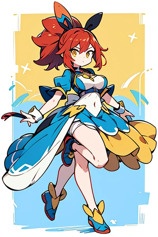 human ordile pokemon; big breasts;full body;Costumes inspired by Ordile Pokemon;yellow eyes;Red hair;blue clothes;fighting;female;Yankee;background white;No background