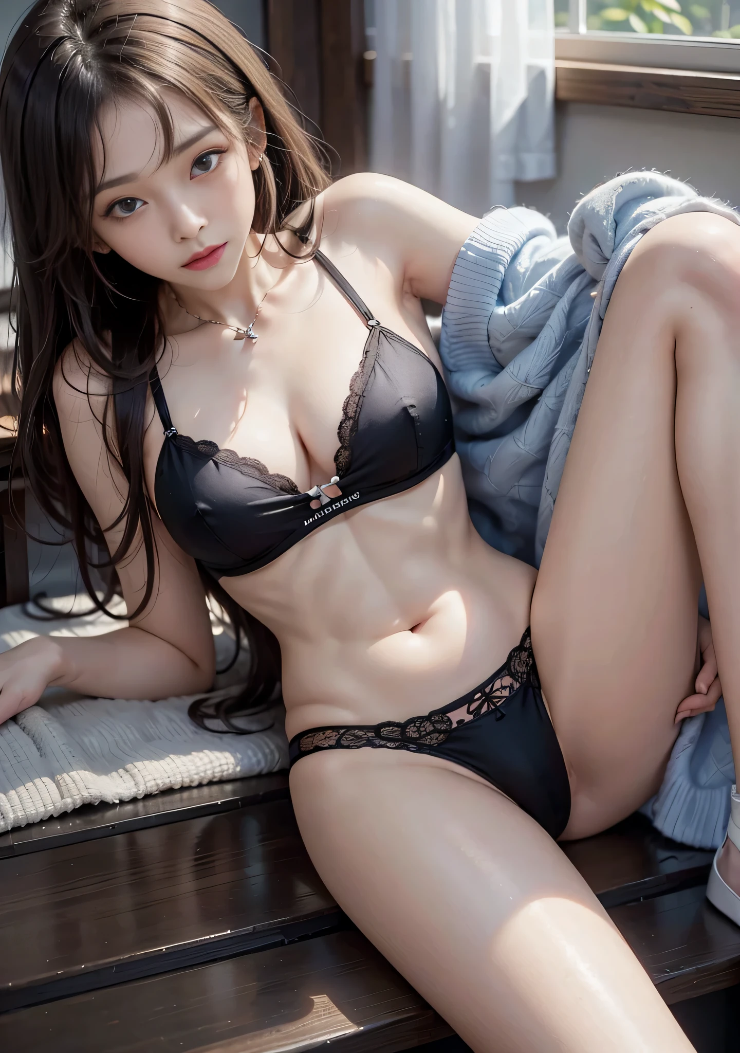 In her underwear, with her legs spread、M-shaped spread legs、beautiful skin、beautiful girl、seductive gaze、toned body、A refined body、Moderate muscle、solo shooting、high resolution、high quality、highest resolution、Photo shoot by a professional photographer、sunshine、reality、masterpiece、sexy pose、beautiful girlアイドル