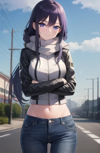 long hair, black hair, (purple eyes:1.3), hair between eyes, cute face, smile, blush, hair drills
BREAK jeans, zipped jacket, biker jacket, scarf, arm warmers, arms crossed, exposed midriff
BREAK sky, clouds, road, asphalt
BREAK looking at viewer, wind, wind blowing
BREAK (masterpiece:1.2), best quality, high resolution, unity 8k wallpaper, (illustration:0.8), (beautiful detailed eyes:1.6), extremely detailed face, perfect lighting, extremely detailed CG, (perfect hands, perfect anatomy)