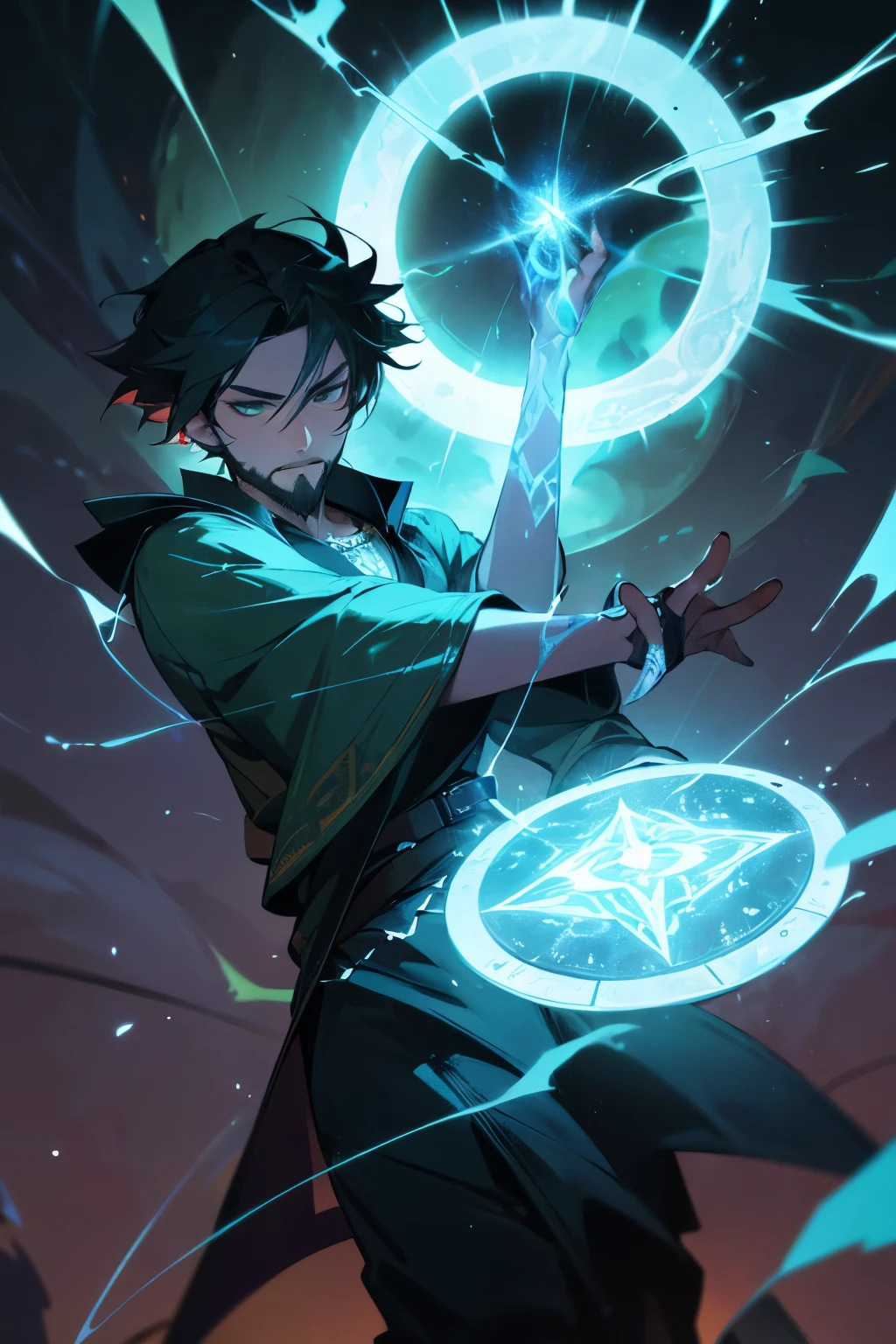 (best quality,4k,8k,highres,masterpiece:1.2),ultra-detailed,(realistic,photorealistic,photo-realistic:1.37), young sorcerer with an green electrifying aura, green lightning bolt tunic, youthful appearance, fair complexion, remarkably detailed black hair, well-groomed short beard, vibrant green eyes, magical powers radiating from his hands, mystical atmosphere, ancient spellbook in hand, intense concentration, dynamic pose, crackling energy surrounding him, mystical symbols adorn the surroundings, atmospheric lighting, vivid colors, dark and mysterious background.