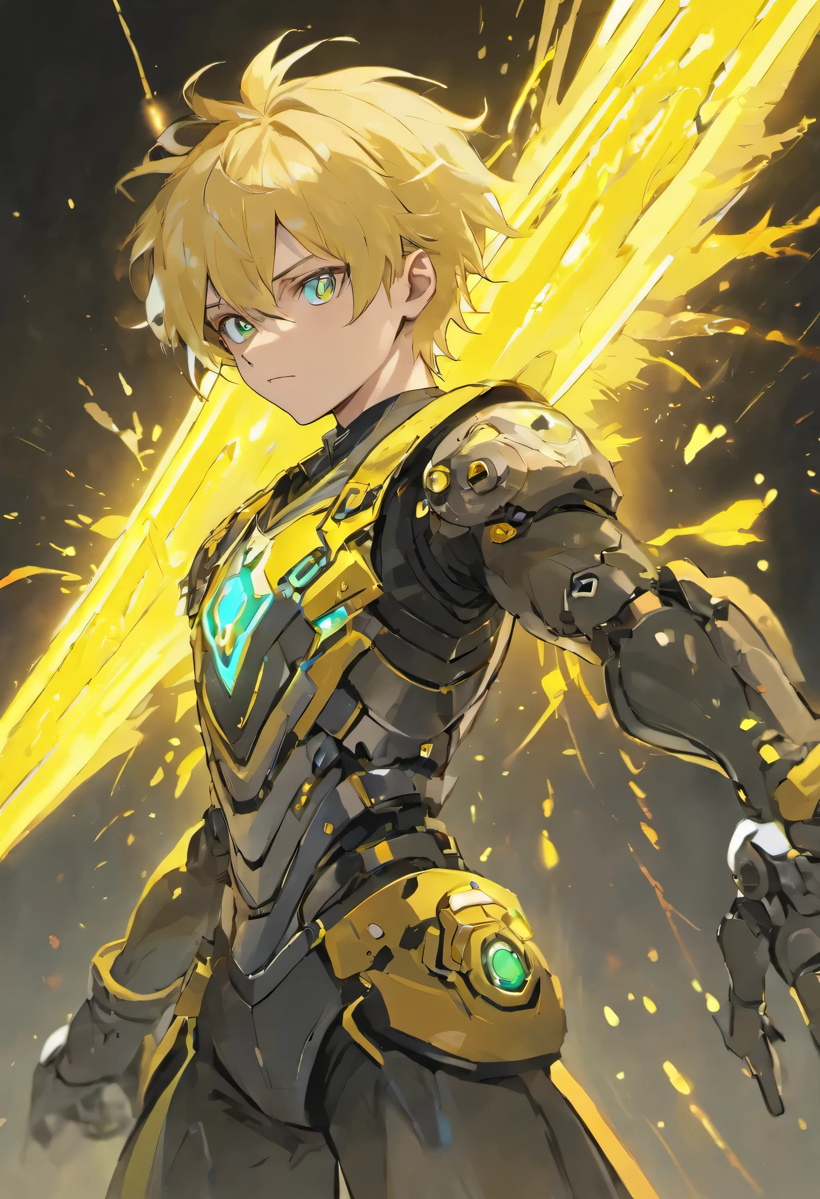 Young adult 15 year old anime male with fair skin, thin but toned body, blonde hair with a few black and white streaks, purple eyes, wearing a black steampunk vest, yellow shirt, dark brown pants, and a blue scarf, with high tech sci fi headphones, high tech sci fi goggles on his hair, high tech sci fi gauntlets, and high tech sci fi greaves. He is also holding a high tech sci fi spear, and prismatic colored electricity is shooting out from his gauntlets. There is a massive mech made of yellow energy in the background