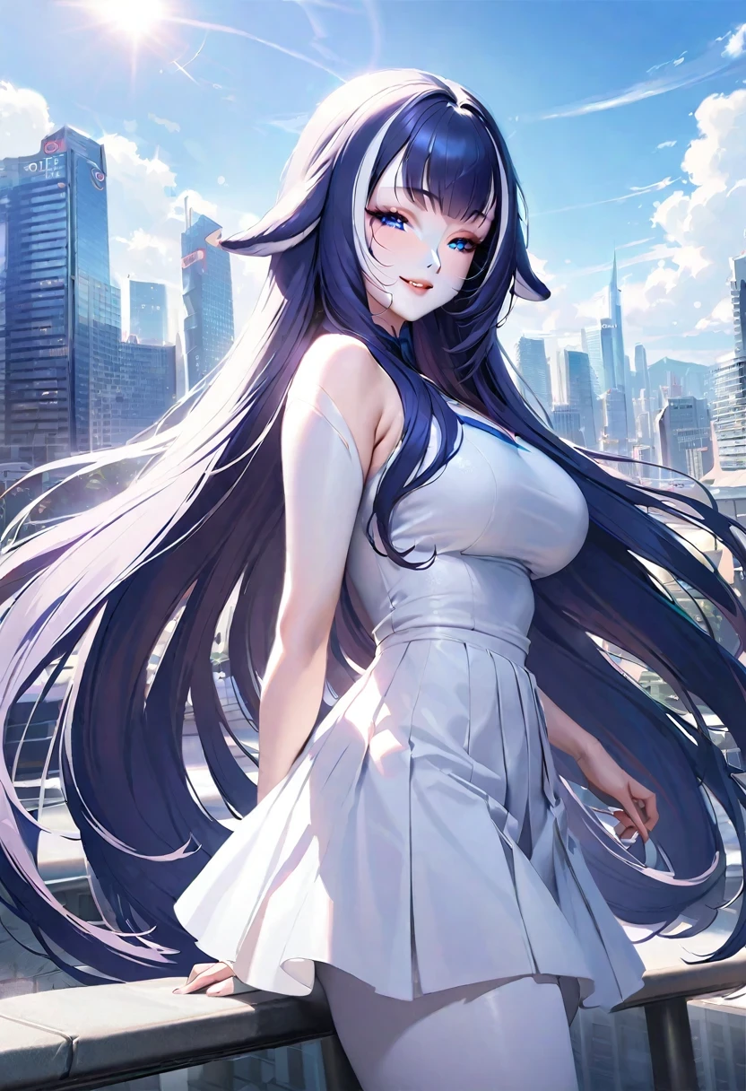 ((shylily)), official art, masterpiece, sharp focus, (beautiful gorgeous cute Korean woman:1.3), (beautiful cute korean:1.3), korean beauty, Delicate and beautiful hair and eyes and face, realistic, ultra detailed, beautiful girl, blue sky, glow white particle, (sidelighting:1.2), sun light, white cloud, detailed clouds, slender, Lovely very large breasts and very large hips, smile with teeth, ((smile with eyes, open both eyes)), scenery, long straight hair, sexy facial expression, building, (cityscape:1.7), dynamic hair, long straight hair, (blue pleated shirts + white skirt), white long socks, pale skin, hair ornament, epic scenery,
