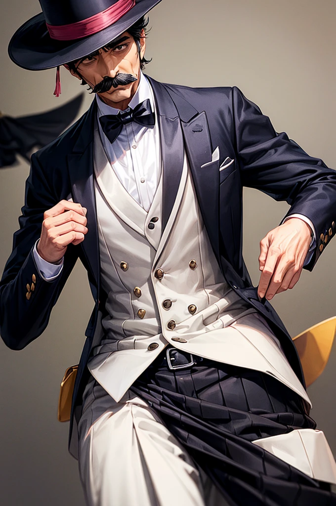 highest quality、Gentleman in hat、Tuxedo、moustache、bright look