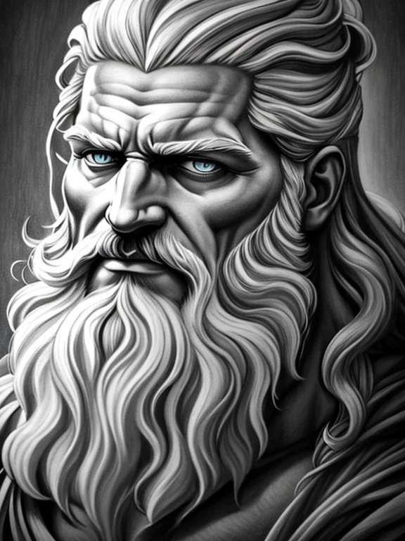 Realistic drawing, Charcoal Pencil, 4k, best quality, a drawing of a man with a beard and beard, angry god Zeus, portrait zeus, the god Zeus, painted portrait of robust Zeus, Portrait of Zeus, digital painting of Greek myth, portrait of Robust Zeus, the god poseidon, Greek god, zeus, portrait of Greek god ares, monochrome painting with airbrush, symmetry!! portrait of hades