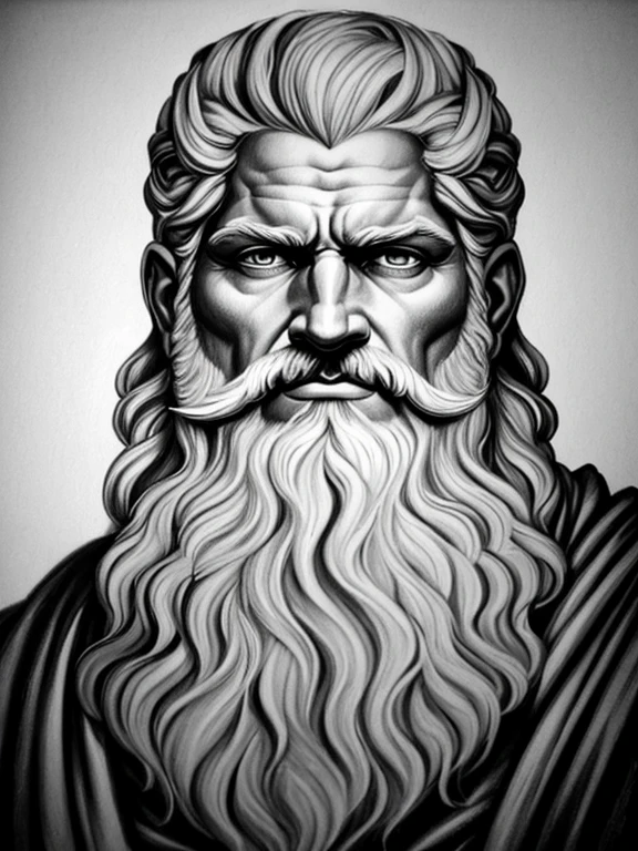 Realistic drawing, Charcoal Pencil, 4k, best quality, a drawing of a man with a beard and beard, angry god Zeus, portrait zeus, the god Zeus, painted portrait of robust Zeus, Portrait of Zeus, digital painting of Greek myth, portrait of Robust Zeus, the god poseidon, Greek god, zeus, portrait of Greek god ares, monochrome painting with airbrush, symmetry!! portrait of hades