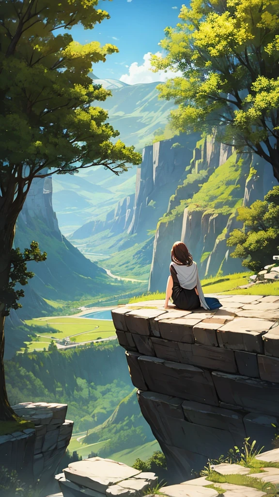 a woman sitting on a cliff looking at the beautiful view, namely high mountains and beautiful forests and clouds everywhere