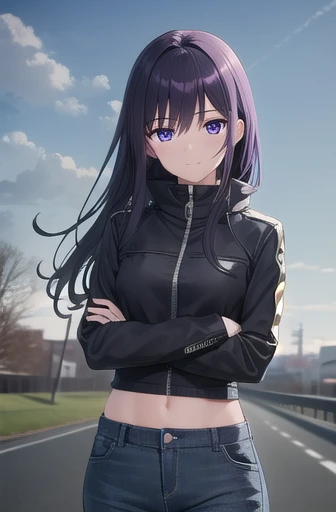 long hair, black hair, (purple eyes:1.3), hair between eyes, cute face, smile, blush, hair drills
BREAK jeans, zipped jacket, biker jacket, scarf, arm warmers, arms crossed, exposed midriff
BREAK sky, clouds, road, asphalt
BREAK looking at viewer, cowboy shot, wind, wind blowing
BREAK (masterpiece:1.2), best quality, high resolution, unity 8k wallpaper, (illustration:0.8), (beautiful detailed eyes:1.6), extremely detailed face, perfect lighting, extremely detailed CG, (perfect hands, perfect anatomy)