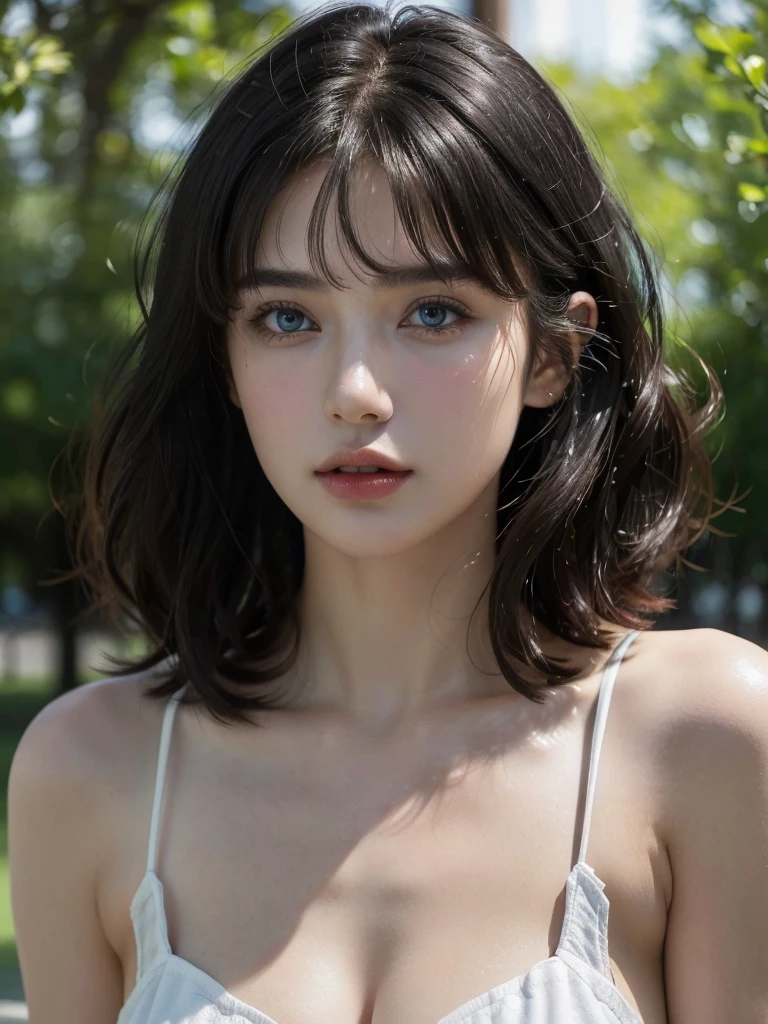 ( masterpiece, top quality, best quality,8k, girl,ultra detailed,raw photo:1.5),(photorealistic:1.4), (short wavy hair,bangs, black hair:1.5), (cinematic lighting), PerfectNwsjMajic, , Surrealism, UHD, ccurate, Super detail, textured skin, High detail, Best quality, dynamic angle, (high nose,White skin),[Beautiful blue eyes],[flat chest:large breasts:0.5],(1girl),(good anatomy:0.5)),(outside)