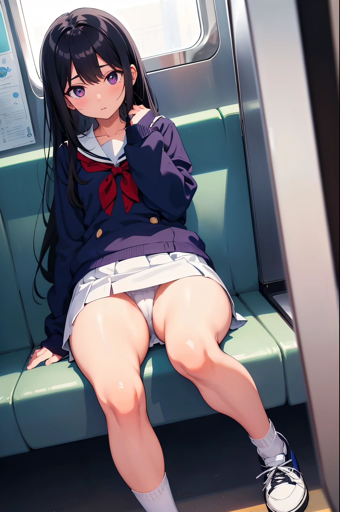 on the train elementary school girl 8-year-old flat chest black hair long hair eyes are purple ((1 person)) Upper half length sleeve white sailor uniform Lower body navy blue miniskirt((White panties are visible)) black socks sneakers sitting on the seat spread your legs a little I can see white panties dynamic angle Low angle from the front