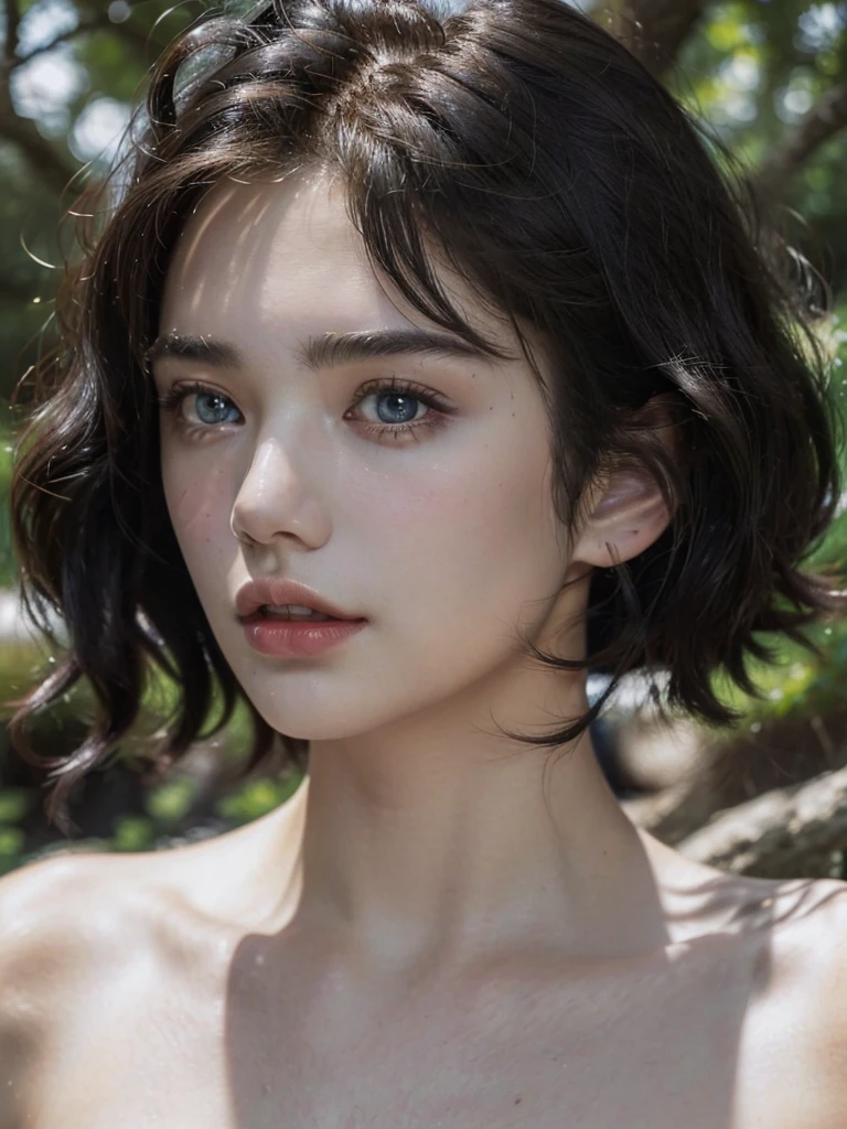 ( masterpiece, top quality, best quality,8k,17 years old girl,ultra detailed,raw photo:1.5),(photorealistic:1.4), (short wavy hair,bangs, black hair:1.5), (cinematic lighting), PerfectNwsjMajic, , Surrealism, UHD, ccurate, Super detail, textured skin, High detail, Best quality, dynamic angle, (high nose,White skin),[Beautiful blue eyes],[flat chest:large breasts:0.5],(1girl),(good anatomy:0.5)),(outside)