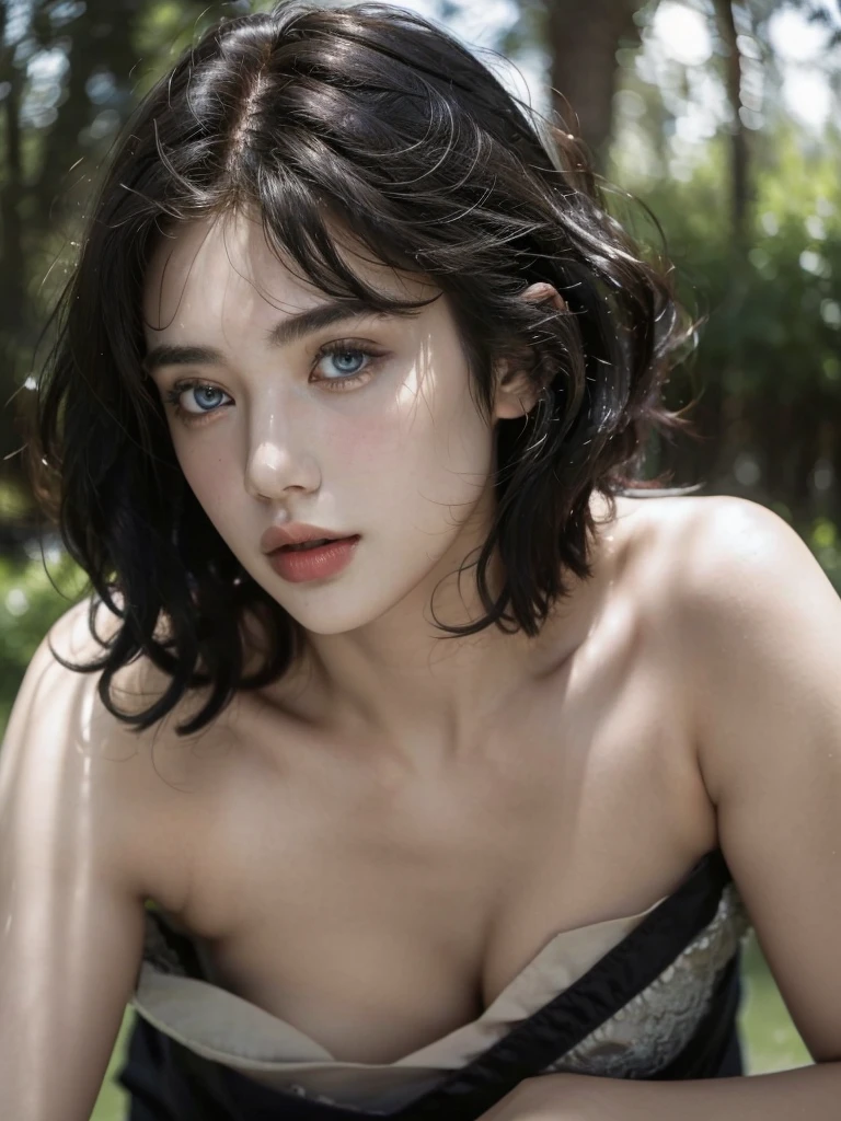 ( masterpiece, top quality, best quality,8k,17 years old girl,ultra detailed,raw photo:1.5),(photorealistic:1.4), (short wavy hair,bangs, black hair:1.5), (cinematic lighting), PerfectNwsjMajic, , Surrealism, UHD, ccurate, Super detail, textured skin, High detail, Best quality, dynamic angle, (high nose,White skin),[Beautiful blue eyes],[flat chest:large breasts:0.5],(1girl),(good anatomy:0.5)),(outside)