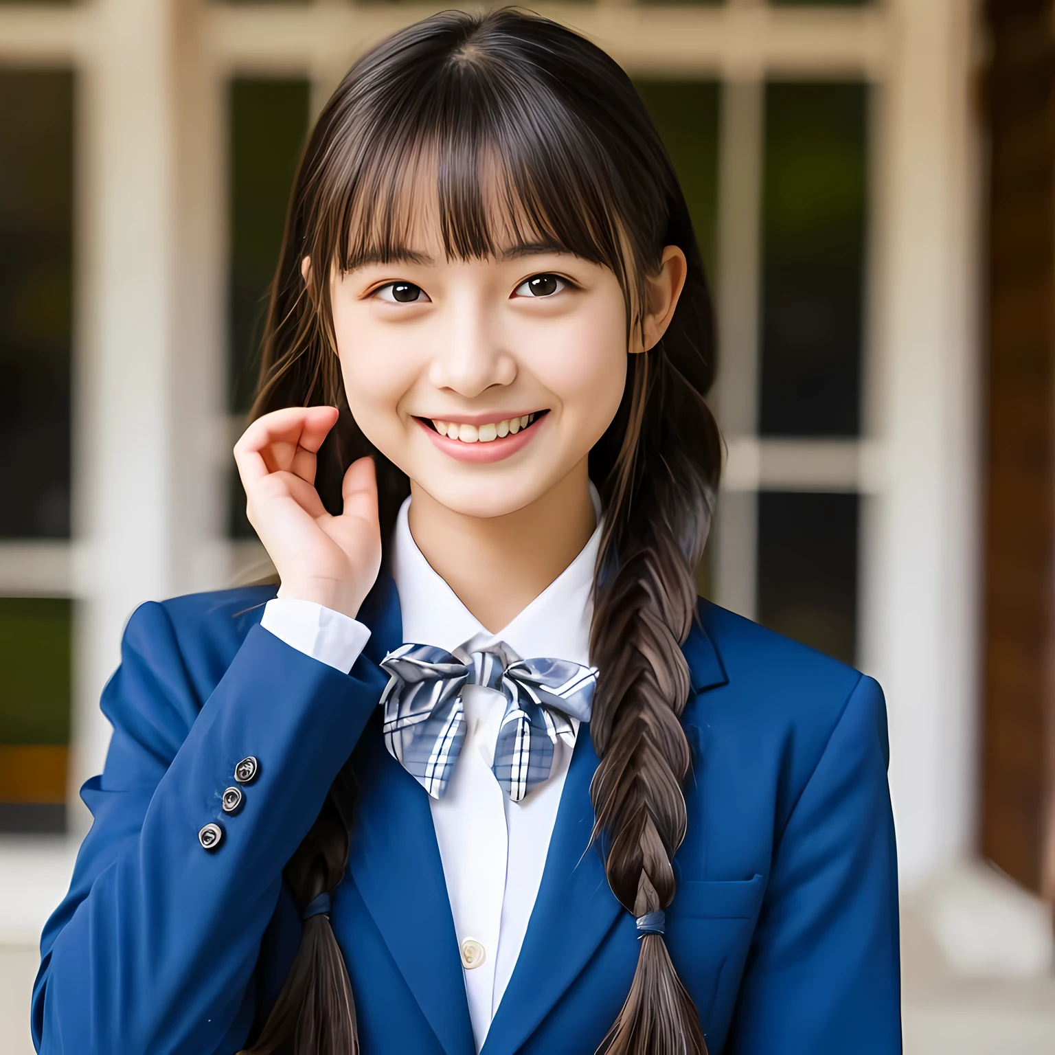 (highest quality、masterpiece:1.2)、highest quality、realistic、photograph、High resolution、1080p、8K、Pale, rough skin、The face is especially pale., physical rendering、one Japanese girl、Junior high school student sitting、cute, 14 years old, , (((big very detailed beautiful dark brown eyes))), ((girly large wine-red glossy polyester Japanese school ribbon bow tie)), ((((very beautiful long braids hair)))), ((((dark blue blue blue & deep navy colored tartan checkered formal long pleated skirt)))), ((A formal dark blue blazer that is slightly oversized and has an emblem on the left chest.)), ((Watching the viewer and laughing)), Very fun, Very happy, mouth is open, the skirt is so cute, detailed fingers, modest chest, ((curled bangs)), so beautiful, long eyelashes, (((Touching your hair with your hands))), ((Impressive and very very very cute eyes of Japanese girls)), double eyelids, The entire skirt is photographed, Very cute face, thin sagging eyebrows, Drooping eyes, maximum smile