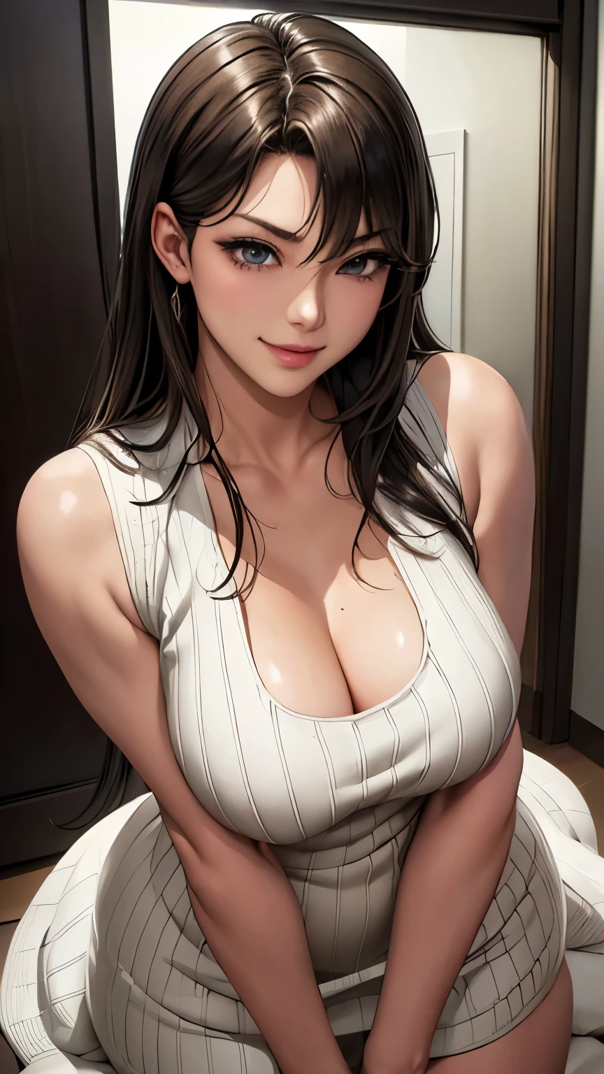 (8K, 超High resolution, highest quality, pieces fly:1.2),(26 years old:1.2)、(big smile)、(avert your eyes)、8K、Japanese girl raw portrait、超High resolution、highest quality、 (small breasts:1.5),(sleeveless knit dress:1.5)、(from below:1.2)、walk、support your chest with your hands、(Panty shot:1.2)、(city:1.4) Blake is (natural skin texture、fine skin、hyper realism、Super sharpness)、intricate details、written boundary depth、idol sculpture、actress model pose、 lady、、long black hair、Rear view、beautiful butt、star piece、highest quality、High resolution))、(1 girl)、(realistic:1.4)、alone、close your mouth、happy smile、smile happily、pretty black hair、Big eyes、Clear double eyelids、eyelash、stick out ears、long neck、Absolute area、beautiful clavicle、perfect face、bangs、きれいなbangs、thin lips、Fair skin、small face、face becomes smaller、draw all the heads、look slightly upward at the camera、(look at the audience、eye highlights、light brown eyes、lip gloss chest bulge、squat、white boots、