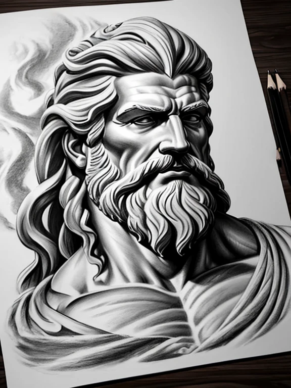 Realistic drawing, Charcoal Pencil, 4k, best quality, ZEUS POSEIDON STATUE WAVE TATTOO DESIGN