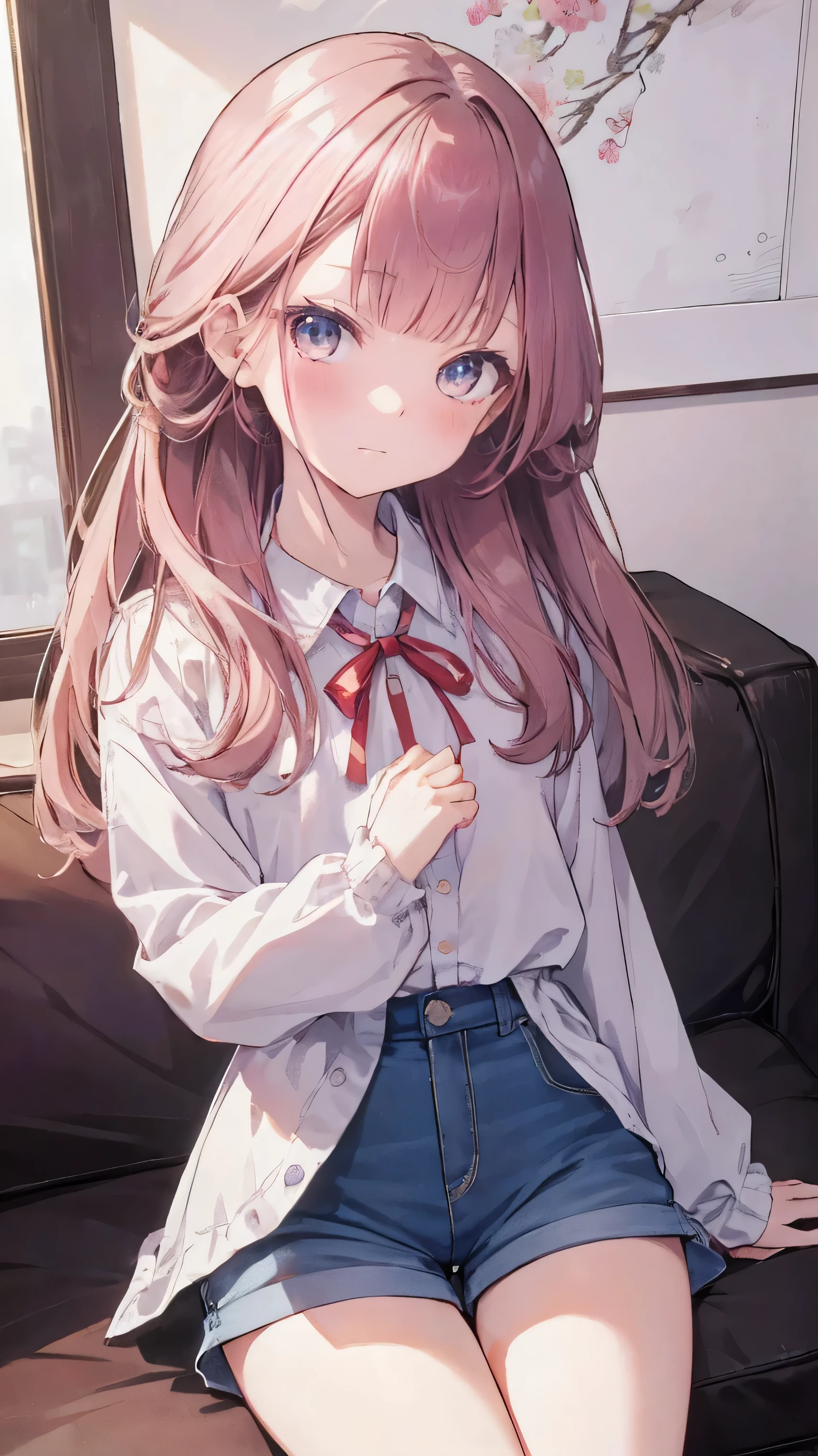 master piece、Highest image quality、highest quality、 ((panic))、glossy hair quality、small face、sitting、Super detailed and beautiful bright eyes、Super detailed clear and beautiful face、(cute illustration:1.2), High-resolution, ultra-detailed, best quality, embarrassed、(Gaps in shorts).(Cute underwear that can be seen at a glance)