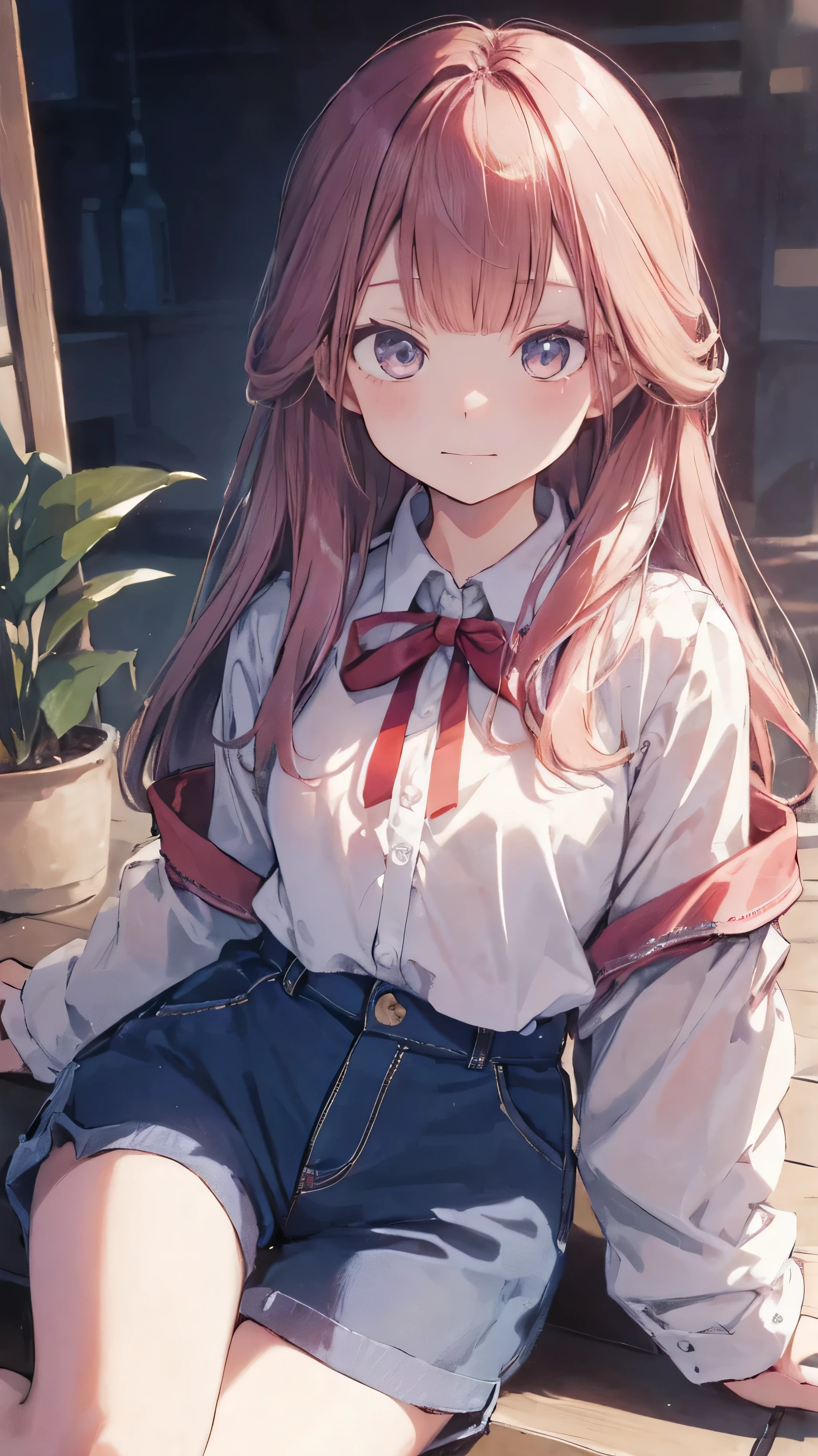 Masterpiece to the smallest detail、top-quality、girl with、17 age、独奏、Looks like 12 years old、150cm petite beautiful girl、small tits、a baby face、red hairs、Gradient bob in the forward、Pink and violet mesh、red eyes、Red eyes、Tall, big eyes、Outstanding looks、A lovely child、proximity、closed_mouth、a smile、red blush、full of shyness、blue headwear、Hats、pink bowtie、校服、 Blue jacket、jaket、skirt by the、Gray skirt shirt、white shirt、an legs、Black socks、sitting on、Classroom、hair_ornament、looking_at_viewer、beatiful detailed eyes、Akame、panties on、lift up one's skirt、Professional effects、