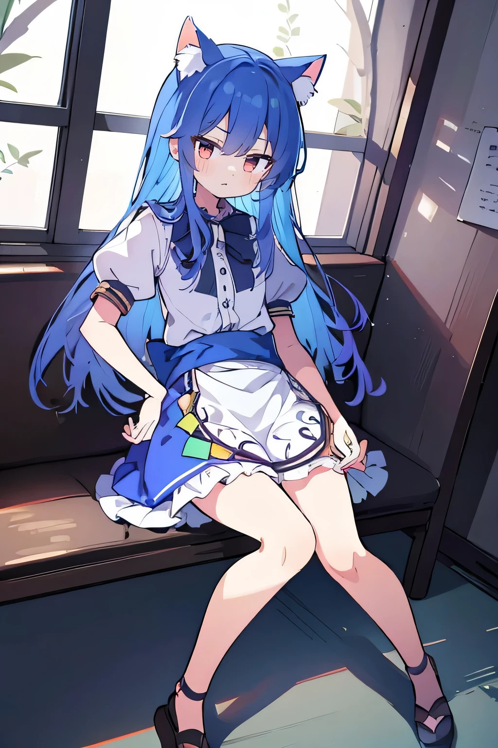 (masterpiece),best quality, expressive eyes, perfect face, 1girl,
Put your hands on your waist,fair, Gorgeous,Japanese cartoons,girl,lola,Hina Angel, blue hair, blue haired, floating clothes,Grab your waist, Grab your waist, hands on hips , hands on hips,sit, sit on ground, Legs on the ground, flat chest,cat ears,