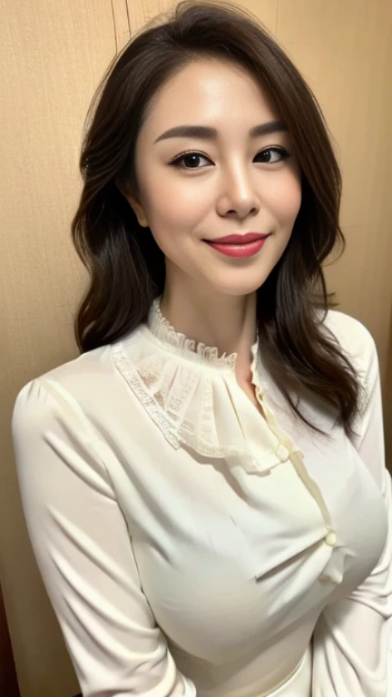 最high quality, 8K, lively, sharp focus, high quality, High resolution, middle-aged women, mature woman, 49 years old, (Full body Esbian), (Detailed face wearing high heels, highly detailed eyes, thick lips, plump body shape、plump face、(((big breasts 2.3)))、(((On a white blouse)))、Beige tight skirt、Love hotel room、random hairstyle、gentle smile、