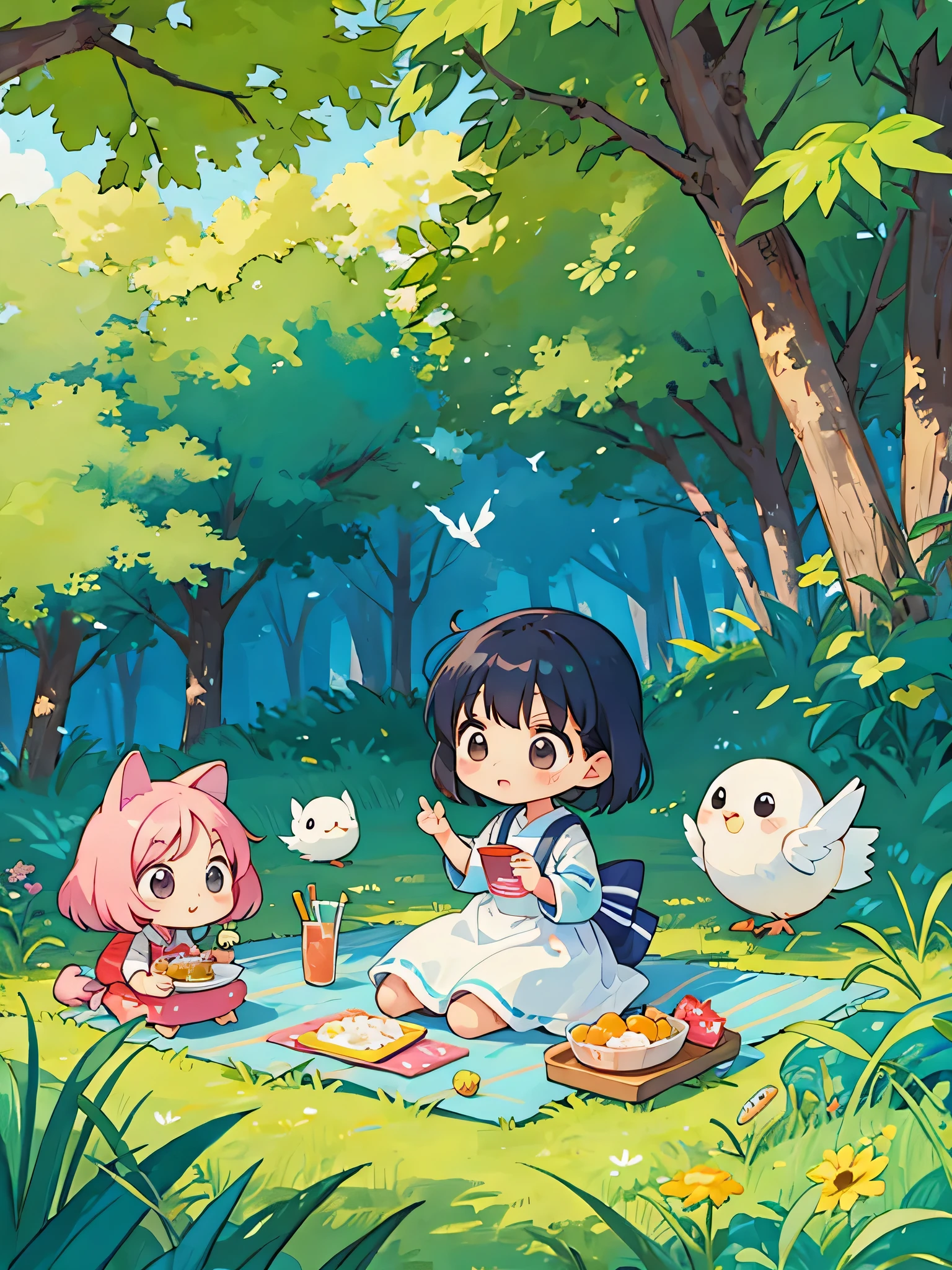 Fujio Akatsuka Style, Kawaii Design, most beautiful girl ever、Chibi, birdie、picnic