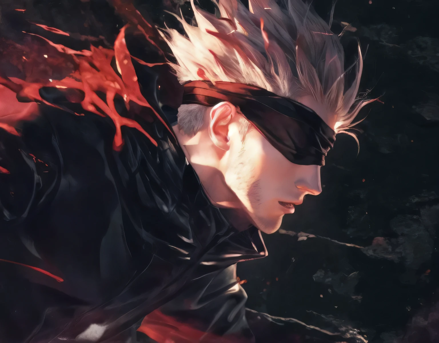 handsome with no forehead, pale-skinned man with a sharp jawline, no beard, white hair, big black blindfold, black top and running through fire and ashes