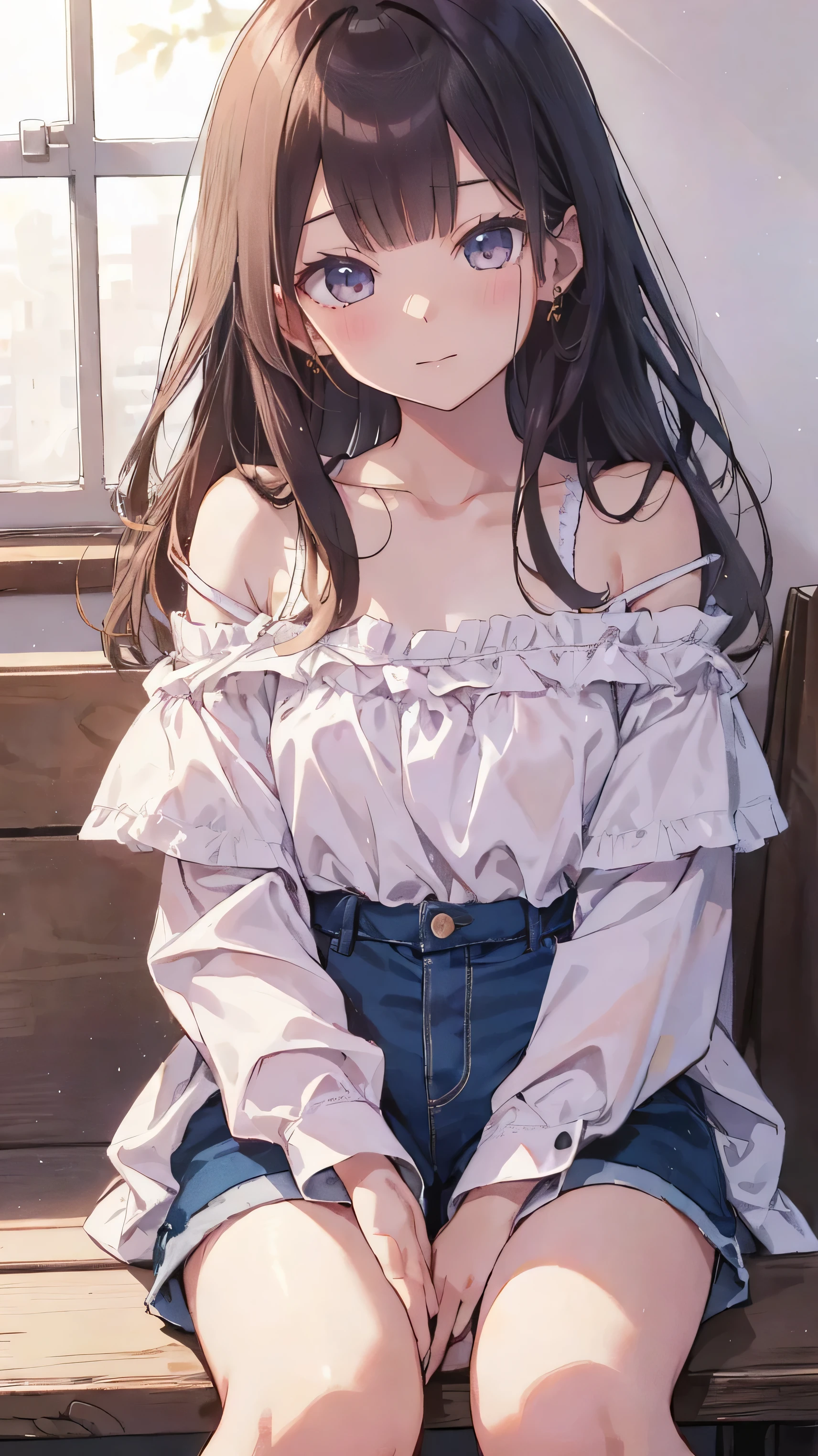 master piece、Highest image quality、highest quality、 ((panic))、glossy hair quality、small face、sitting、Super detailed and beautiful bright eyes、Super detailed clear and beautiful face、(cute illustration:1.2), High-resolution, ultra-detailed, best quality, embarrassed、(Gaps in shorts).(Cute underwear that can be seen at a glance)、off shoulder