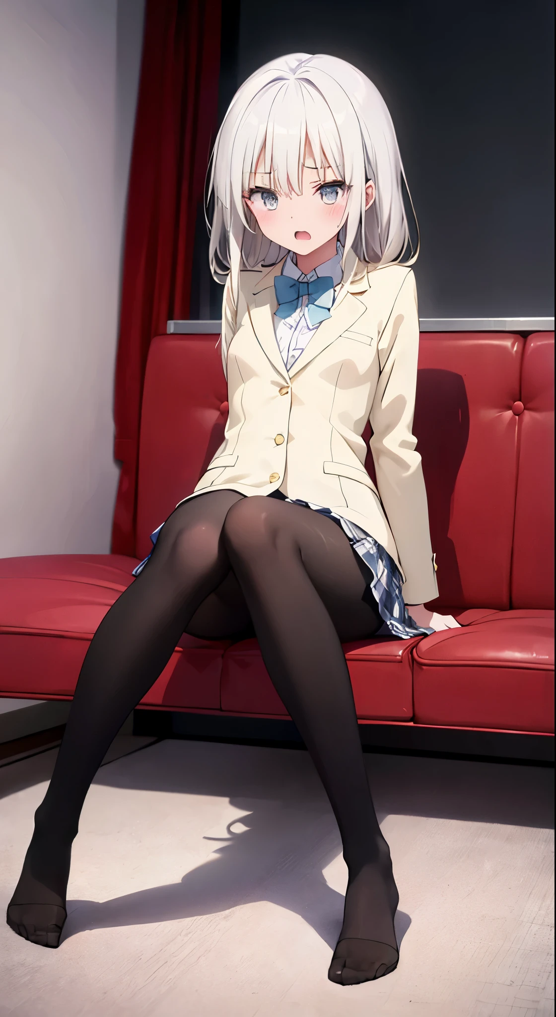 finest, masterpiece, High resolution, (Full body view from head to toe), Composition from the front and slightly below, symmetrical composition, Composition with accurate balance throughout the body、18 years old, slim and beautiful girl, alone, (small breasts), (not wearing shoes),messy hair, bangs, (black tights), (black pantyhose), (sitting on the floor with legs apart), (A pose in which the legs are spread apart on the bed), tied up with both arms hidden behind the back, (Composition showing white panties), (her legs spread、I can see white panties.), (Open mouth with a pained expression), blush, shy big eyes, looking at camera, blazer uniform, plaid pleated skirt