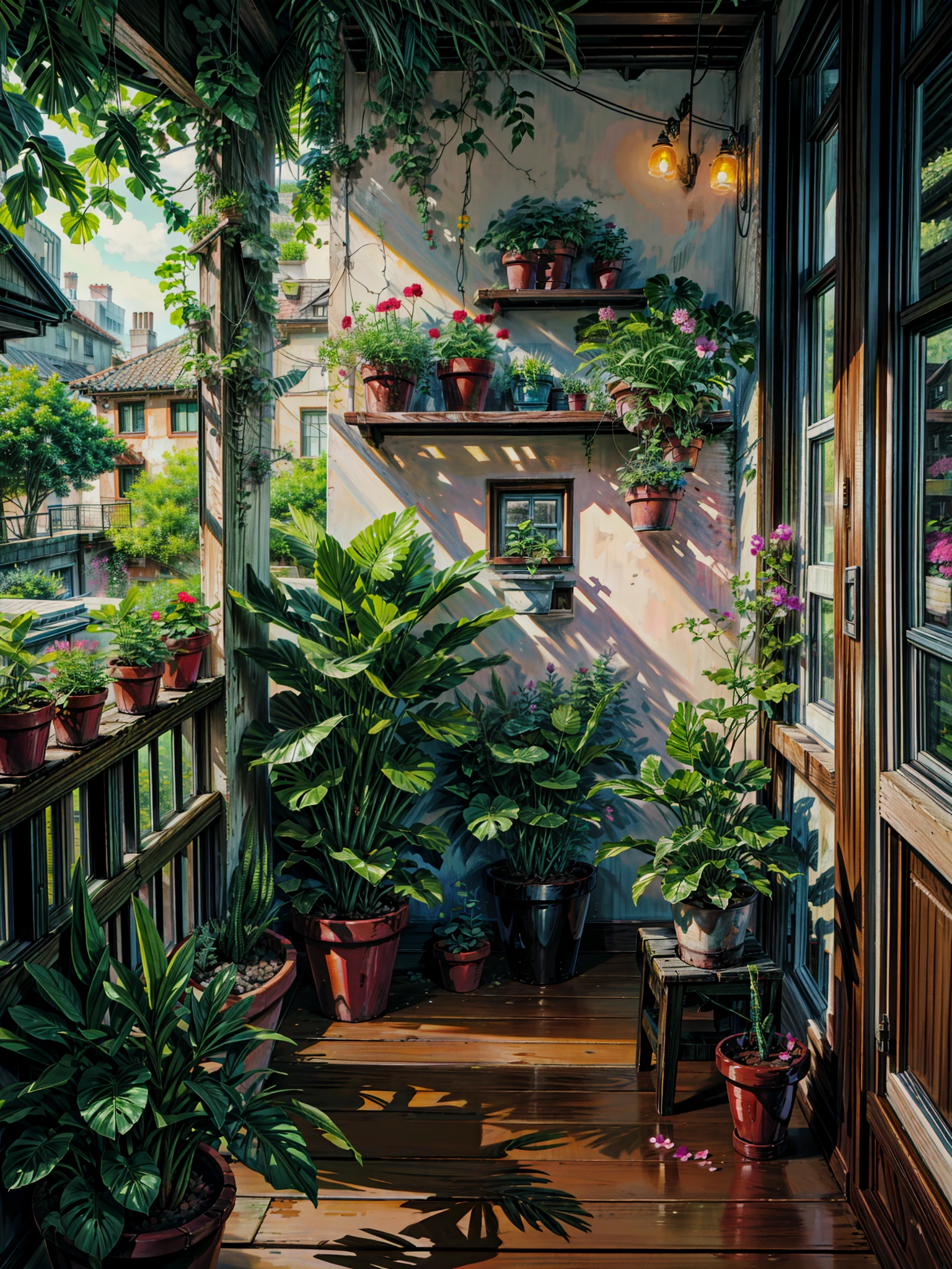 Painting of a porch filled with lots of potted plants, plants on balconies, realistic garden, beautiful 3 d rendering, beautiful terrace, with colorful flowers and plants, house plants, beautiful detailed scene, floral environment, potted plants, green terrace, window sill with plants, lush plants and flowers, room full of plants, natural mini gardens, with flowers and plants, beautiful plants, 4k hd,, beautiful art uhd 4 k, a beautiful artwork illustration, beautiful digital painting, highly detailed digital painting, beautiful digital artwork, detailed painting 4 k, very detailed digital painting, rich picturesque colors, gorgeous digital painting