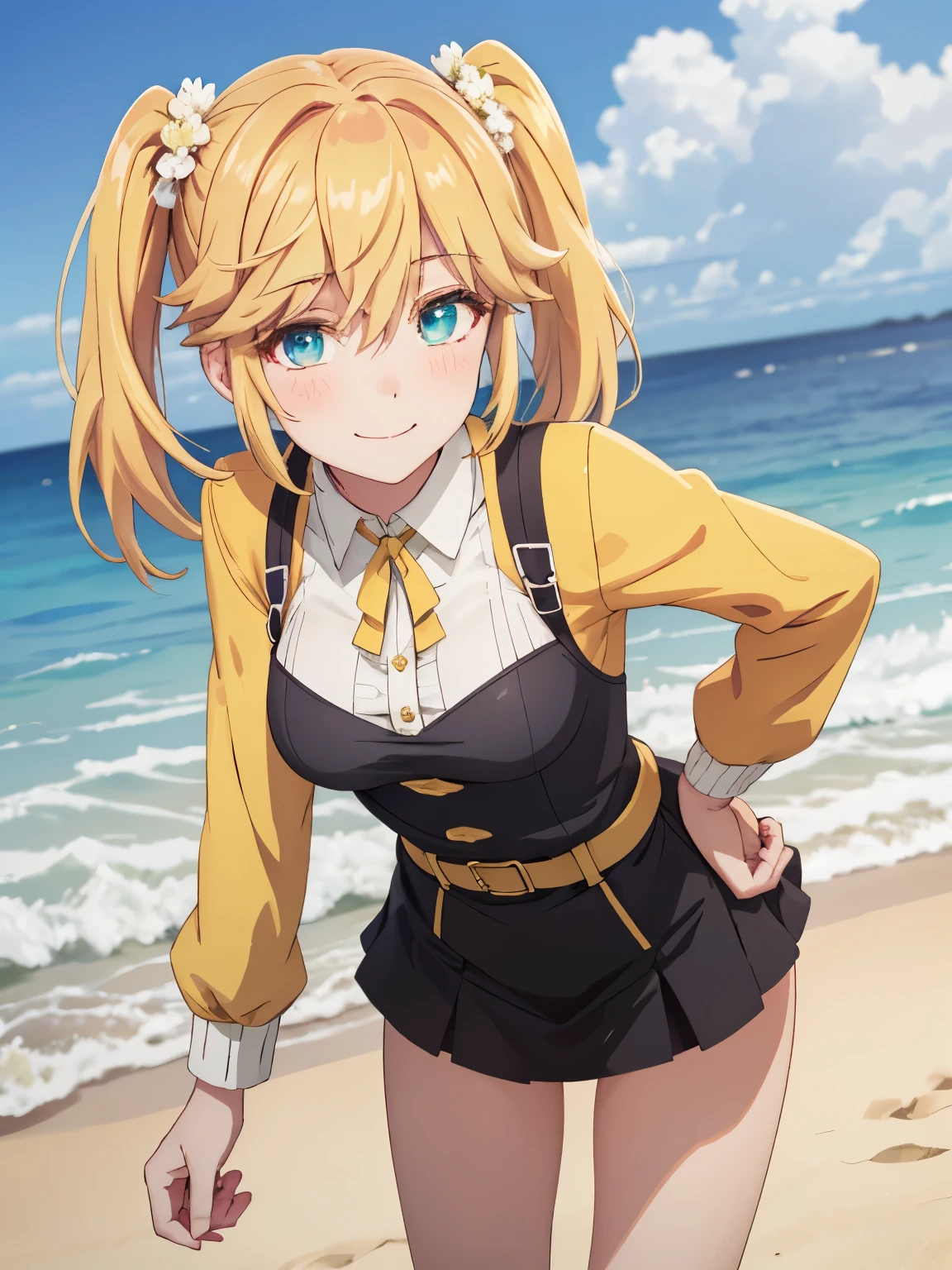 golden hair, hair ornaments, hair above one eye, hair clip, twin tails, twin tails,whole body、smile、sexy 、beautiful thighs、　The appearance is、white shirt、yellow jacket,, white shirt, yellow jacket, The line of sight is、、 looking at the viewer,、closed mouth、Location、 outdoor, beach,　break (masterpiece:1.2), highest quality, High resolution, unity 8k wallpaper, (shape:0.8), (beautiful and detailed eyes:1.6), highly detailed face, perfect lighting, Very detailed CG, (perfect hands, perfect anatomy),beachに座る、put your hand on your waist