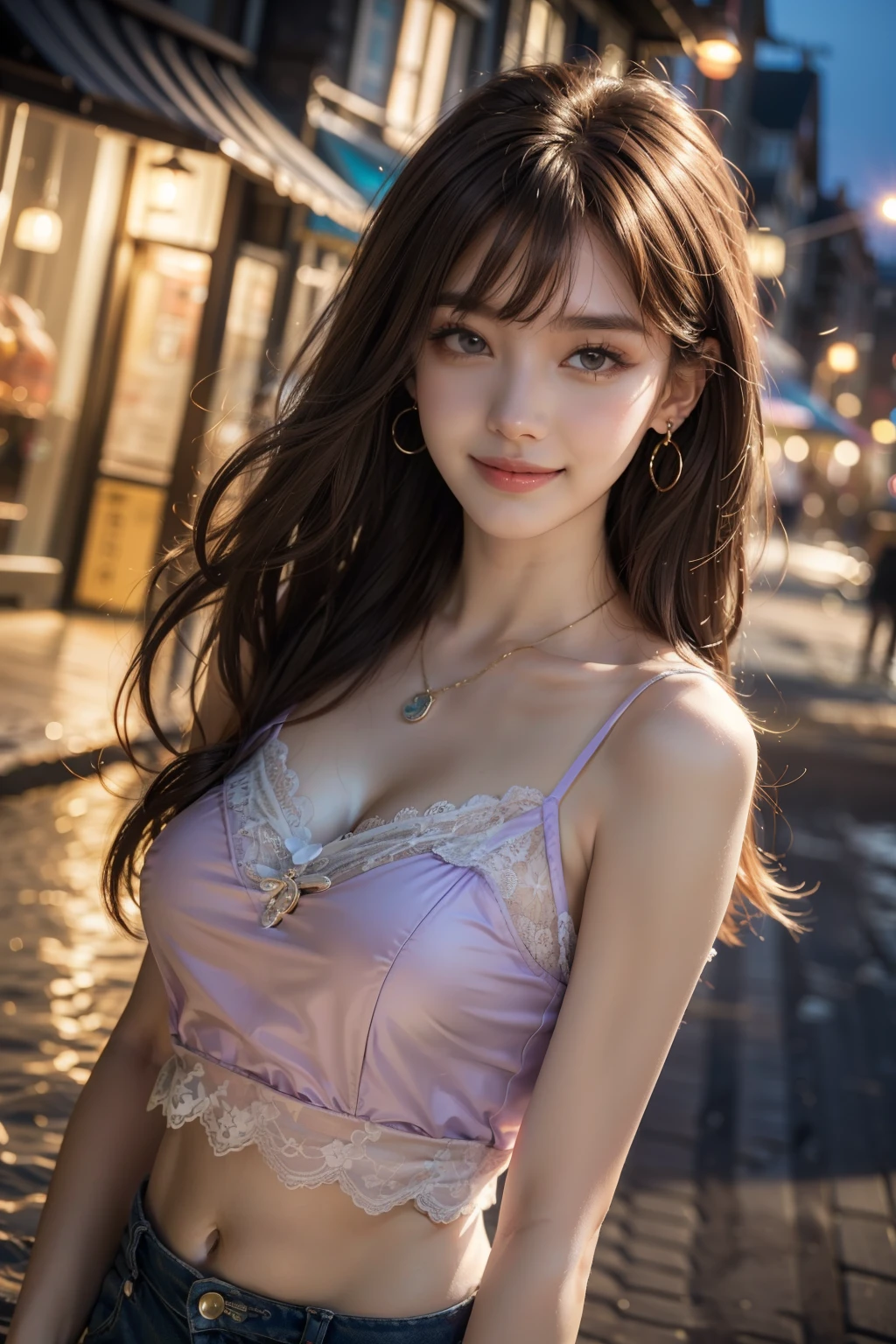 Beautiful smiling woman, with white skin, long dark brown curly hair. She is wearing a purple dress., hoop earrings, Conceptual art, modern, Realism, cinematic lighting, UHD, high quality, best quality, highres