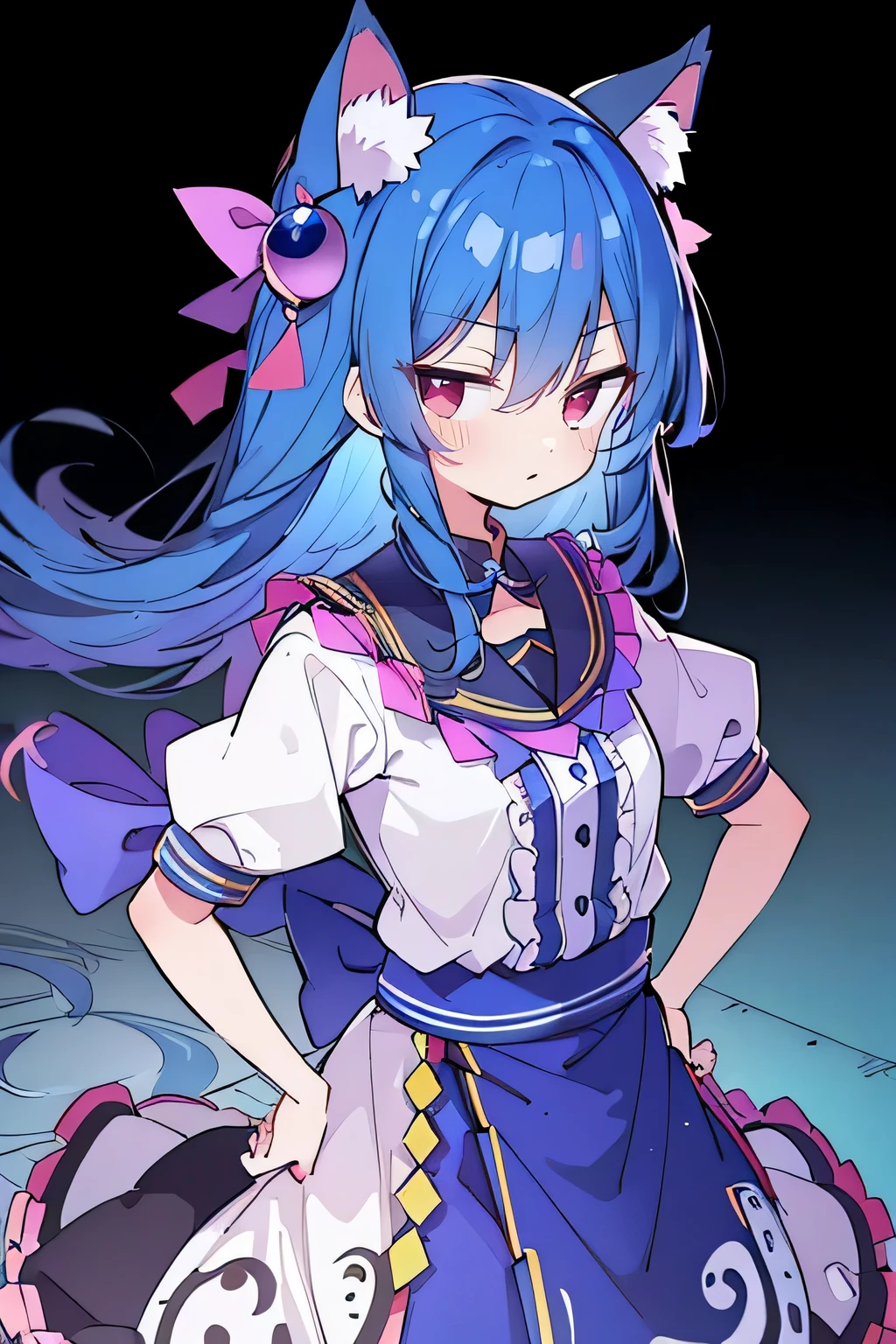 (masterpiece),best quality, expressive eyes, perfect face, 1girl,
Put your hands on your waist,fair, Gorgeous,Japanese cartoons,girl,lola,Hina Angel, blue hair, blue haired, floating clothes,Grab your waist, Grab your waist, hands on hips , hands on hips,sit, sit on ground, Legs on the ground, flat chest,cat ears,