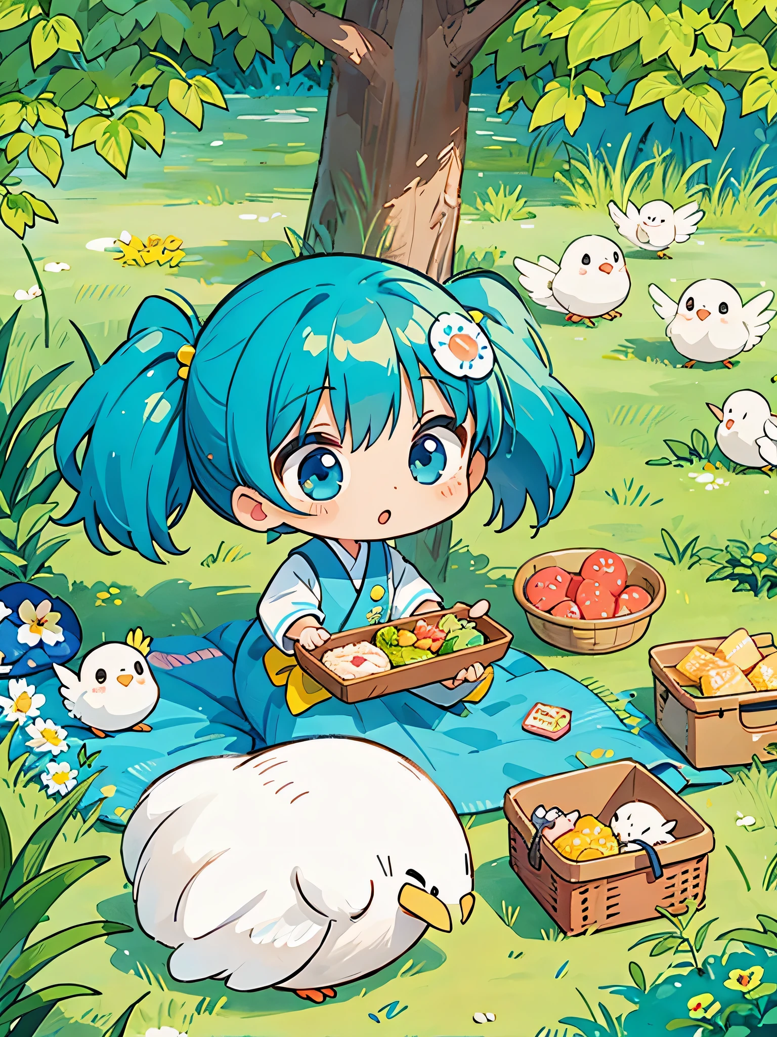 Fujio Akatsuka Style, Kawaii Design, most beautiful girl ever、Chibi, birdie、picnic