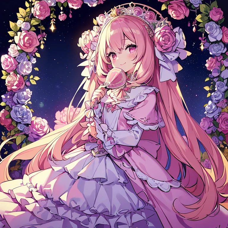(kawaii),(best quality),(ultra detailed),(rococo style),(long train pastel pink cape:1.15), very long cape,(long train white ball gown with flower decorations:1.1), a girl is wearing a cape over her gown,(she has a western style fan:1.05), 1 little princess, tiara, smile, very long hair, small breasts, beautiful detailed eyes, beautiful detailed lips