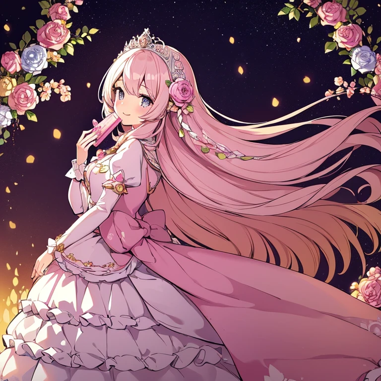 (kawaii),(best quality),(ultra detailed),(rococo style),(long train pastel pink cape:1.15), very long cape,(long train white ball gown with flower decorations:1.1), a girl is wearing a cape over her gown,(she has a western style fan:1.05), 1 little princess, tiara, smile, very long hair, small breasts, beautiful detailed eyes, beautiful detailed lips