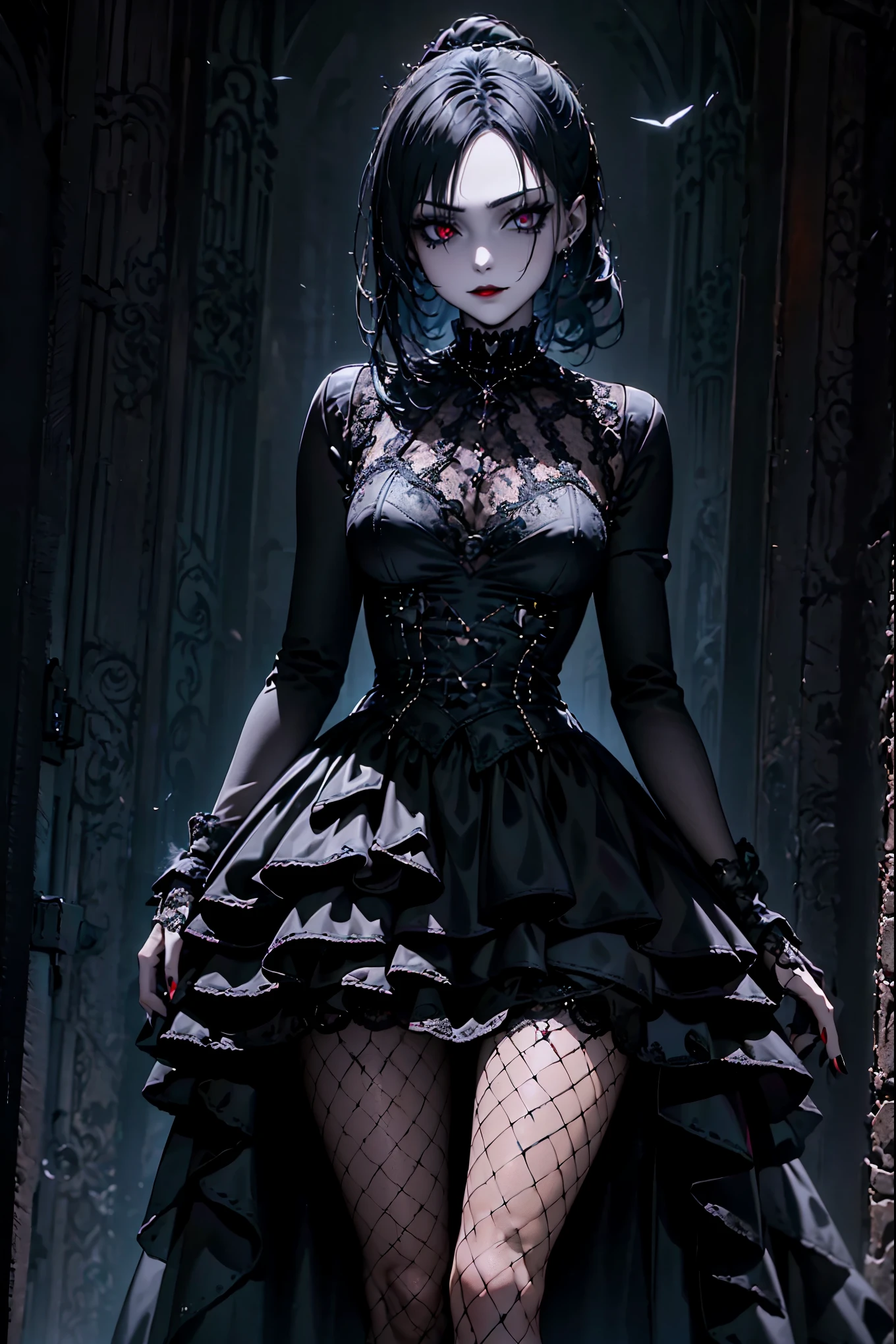 A true portrayal of a Goth girl, Wearing studded clothing. She wore striking black eye makeup, Emphasize the depth and intensity of her gaze. Her outfits, A fusion of elegance and avant-garde, Made of lace and leather, Metal rivet embellishment，Add a touch of rebellion. her hair, Maybe contrast or dyed dark, Outline a face full of mystery and charm. background, dim, Complementing the Gothic Aesthetic, Making her a modern embodiment of Gothic beauty,