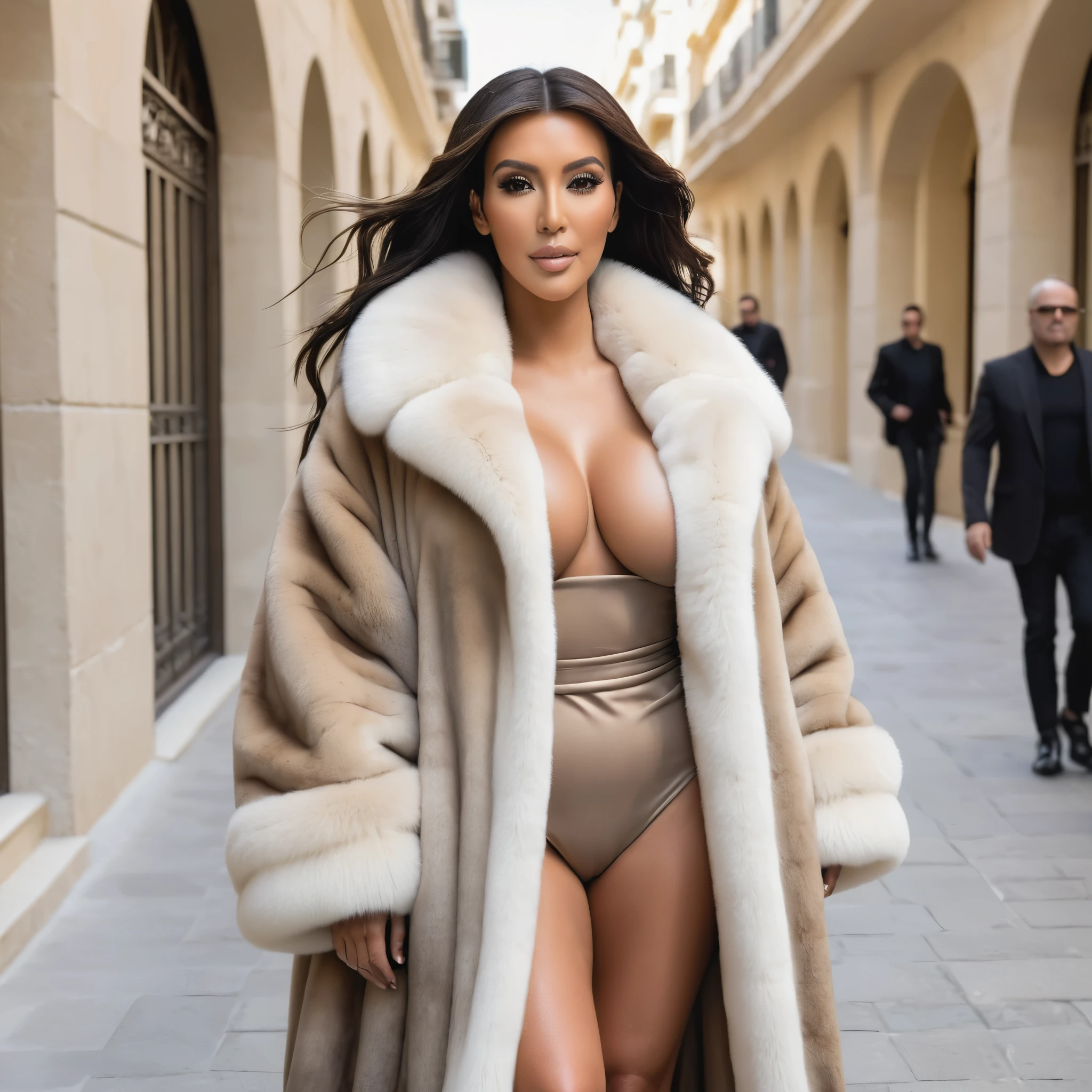 A very wide and very thick, very long sand mink fur coat, fifty centimeters thick, duveteux, naturel, with an ultra thick white and sand mink fur collar, three layers, sur Kim Kardashian, fully nude front view, bare shoulders, and two large breast discovered by the fur, at sunny palace hotel de Paris à Monaco , en haute résolution de la plus high quality、,Photo 8K HDR), Realistic texture, realistic shadows,