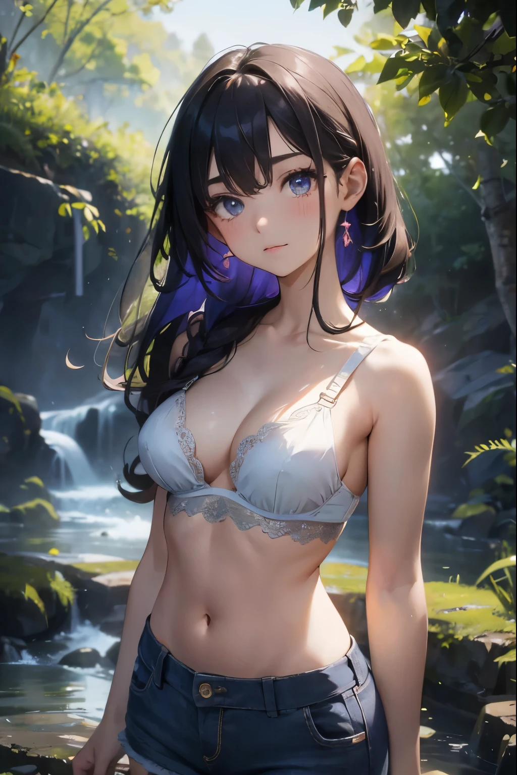 (high quality,masterpiece,4k,8k,16k),cute girl,bust,medium chest,bra top,shorts,smooth skin,silky hair,vibrant colors,dreamy lighting,shiny girden,subtle details,intense gaze,revealing expression,porcelain-like complexion,graceful pose,gentle atmosphere,pure innocence,natural beauty,sublime aesthetics,nice nature
