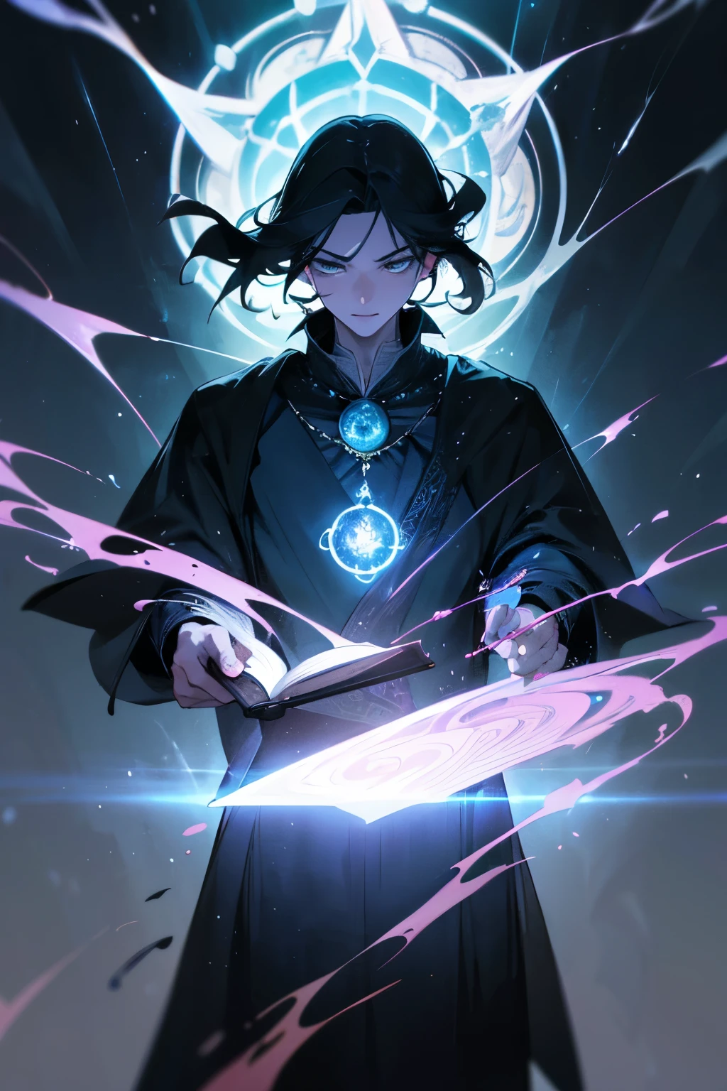 (best quality,4k,8k,highres,masterpiece:1.2),ultra-detailed,(realistic,photorealistic,photo-realistic:1.37),portrait,dark fantasy,archimage,magic,lightning bolt tunic,glowing,robes,handsome face,sharp features,powerful aura,black hair,short beard,piercing green eyes,serene expression,proficient in ancient magic,master of spells,wisdom beyond his years,youthful appearance,commanding presence,holding an epic staff adorned with mystical symbols,mysterious aura radiating from his body,surrounded by a gentle glow of sunlight,standing in a magnificent ancient chamber,ornate pillars and intricate decorations,light cascading through stained glass windows,creating a mesmerizing play of colors,dark shadows and ethereal beams intertwining,creating a captivating contrast,treasure troves and arcane artifacts scattered around the room,whispering secrets of forgotten knowledge,majestic bookshelves filled with ancient tomes and scrolls,lining the walls,illuminated by flickering candlelight,concealing untold secrets and hidden powers,immersing the archimage in an atmosphere of wisdom and mystery,as he prepares to cast a powerful spell,to unleash the full extent of his magical prowess,unraveling the mysteries of the universe through his craft,with every motion of his hands and every incantation on his lips,a wave of energy surges through the air,illuminating the room with dazzling lights and crackling thunder,as bolts of lightning shoot from his fingertips,into the unknown,transcending the barriers of reality and unlocking the limitless power of magic.