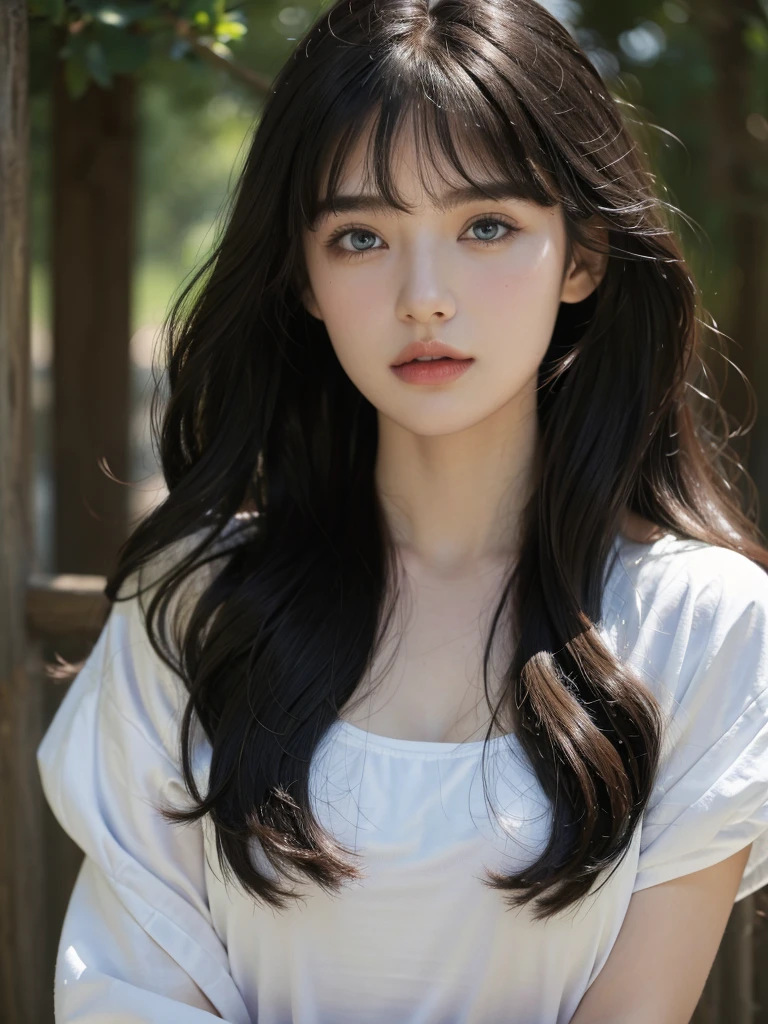 ( masterpiece, top quality, best quality,8k, girl,ultra detailed,raw photo:1.5),(photorealistic:1.4), (long wavy hair,bangs, black hair:1.5), (cinematic lighting), PerfectNwsjMajic, , Surrealism, UHD, ccurate, Super detail, textured skin, High detail, Best quality, dynamic angle, (high nose,White skin),[Beautiful blue eyes],[flat chest:large breasts:0.5],(1girl),(good anatomy:0.5)),(outside)