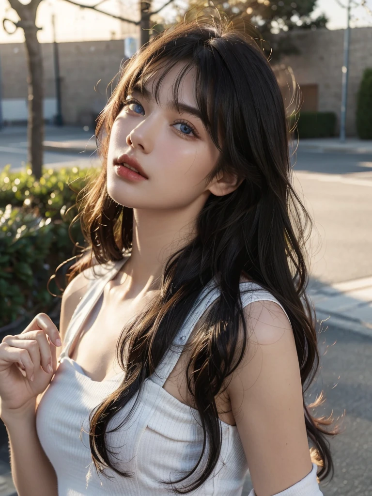 ( masterpiece, top quality, best quality,8k,17 years old girl,ultra detailed,raw photo:1.5),(photorealistic:1.4), (long wavy hair,bangs, black hair:1.5), (cinematic lighting), PerfectNwsjMajic, , Surrealism, UHD, ccurate, Super detail, textured skin, High detail, Best quality, dynamic angle, (high nose,White skin),[Beautiful blue eyes],[flat chest:large breasts:0.5],(1girl),(good anatomy:0.5)),(outside)