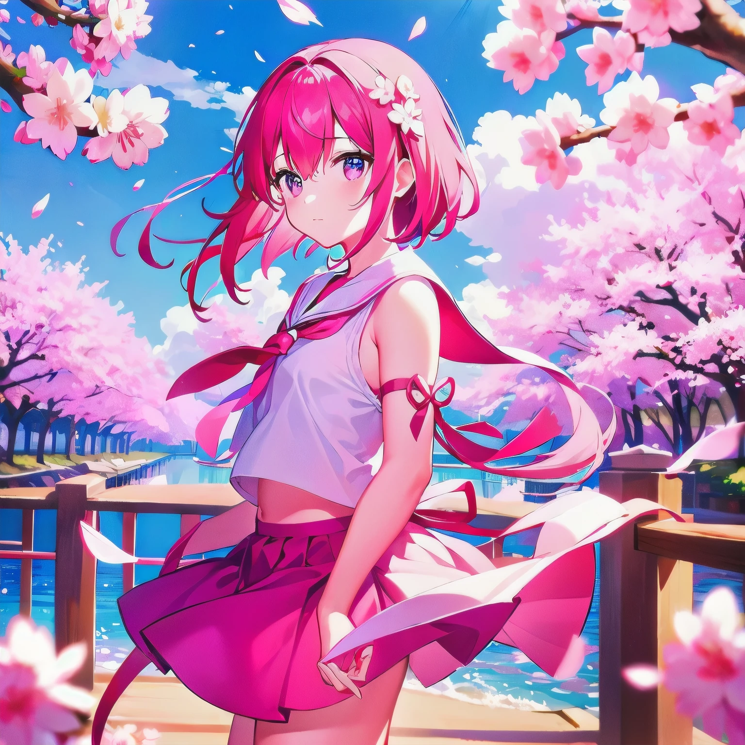 master peace, 1girl, solo, hair between eyes, closed mouth, standing, flower, outdoors, sky, cloud, tree, petals, floating hair, cherry blossoms, pink flower, (sailor suit), (((face focus))), (((looking at another))), (sakura effect:1.4)