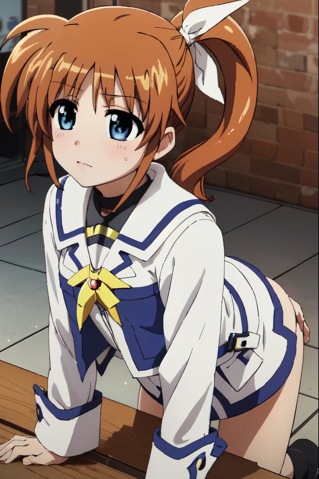 nanohatakamachi, nanoha takamachi, (takamachi nanoha:1.5), long hair, blue eyes, brown hair, hair ribbon, (side ponytail:1.5), white ribbon,
break magical girl, Jacket, collar, plump sleeves, long sleeve, white Jacket,
break looking at viewer, full body, beautiful thighs、
break outdoors, city, null,
break (masterpiece:1.2), highest quality, High resolution, unity 8k wallpaper, (figure:0.8), (detailed and beautiful eyes:1.6), highly detailed face, perfect lighting, Very detailed CG, (perfect hands, perfect anatomy),