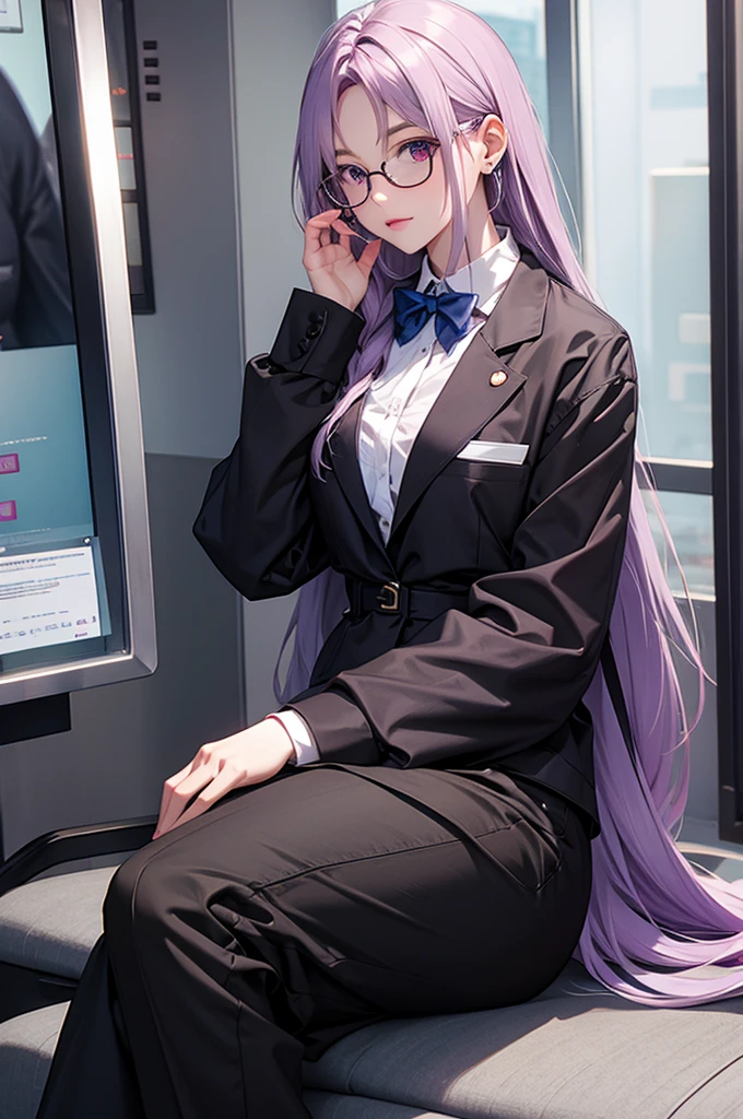 Pastel purple hair Wavy Long Hair long slit eyes Beauty black rim glasses suit office