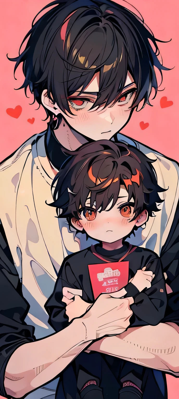 ((best quality)), ((masterpiece)), (detailed), perfect face, 2 boys, gay couple, one boy with dark black hair and dark brown eyes and is tall and handsome, looks fierce and bold, tsundere, very tall, hot and other boy has orange hair and orange eyes and is cute adorable and is bubbly and shorter, short height, , blushing looks like innocent and shy, they are in love, romance, gay couple, bl couple, yaoi, 4k ultra anime quality, anime ARTSTYLE, bl yaoi, hugging, 4k anime art style, valentines day, hearts, lots of hearts
