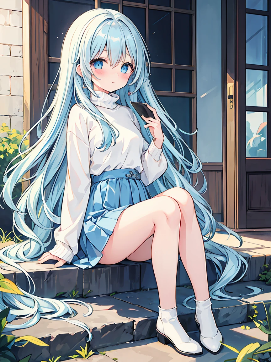 masterpiece, best quality, extremely detailed, (illustration, official art: 1.1), 1 girl, (((light blue long hair))), light blue hair, 10 years old, long hair ((blush)), cute face, big eyes, masterpiece, best quality, (((a very delicate and beautiful girl))))), amazing, beautiful detailed eyes, blunt bangs ((((little delicate girl)))), tareme (true beautiful: 1.2), 
(masterpiece)+,(best quality)++,(best quality), (ultra-detailed), (llustration), (detailed light), (an extremely delicate and beautiful), 1young girl, long hair, photorealisim、top-quality、超A high resolution、a picture、Extraordinary beautiful girl、Highlights of cheek luster、Detailed cute and beautiful face、(pureerosface_v1:0.008)、Beautiful bangs、Glowing white shiny skin、Bangs between the eyes、shiny and beautiful hair、Silky hair、finer hair、High-definition eyes、Beautiful, Bright and clear, Eyes shine attractively、eye liner、Double eyelids、Full body like、red blush、embarrassed from、shiny little necklace and earrings, shiny lips: 1.4,  (Shy laughter)、Kamimei、red blush、Tears are embarrassing、(Turtleneck knitwear)、((Denim Mini Skirt))、((Blue lace panties))、((Open knees))、((open one's legs))、((Disheveled clothes))、((Dressing))、Puffy nipple、Medium Wave Long Hair, Blue eyes,  (sit on stairs)